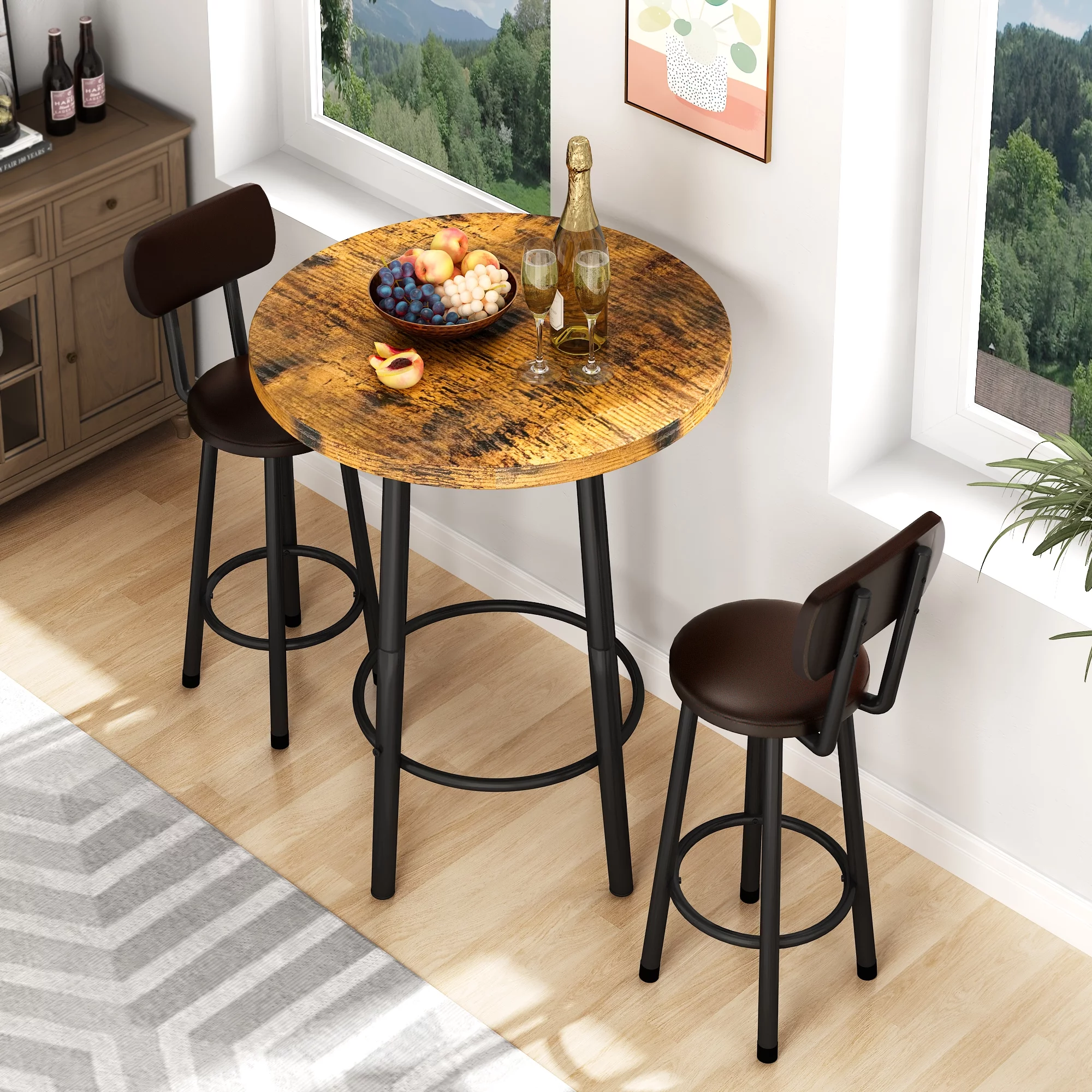 AWQM 3 Pieces Bistro Dining Set , Kitchen Round Breakfast Table Set, Faux Marble Top and Upholstered Chairs Set, Rustic Brown+Black