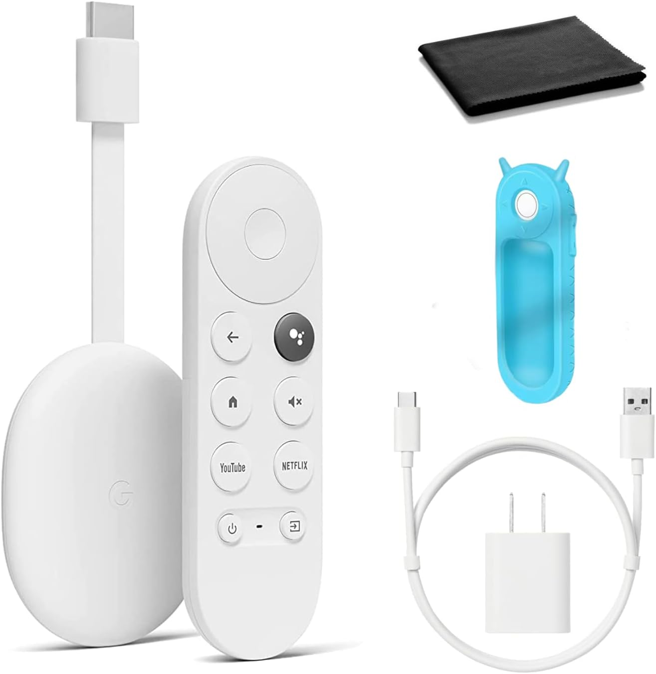 Google Chromecast - Streaming Device with HDMI Cable and Voice Search Remote - Stream Shows, Music, Photos, Sports from Phone to TV - Includes Remote Silicone Cover, Cleaning Cloth,- HD Version - Snow
