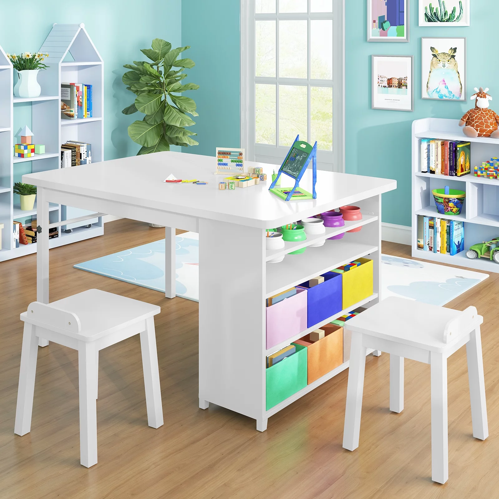 BALUS Modern Kids' Art Table and Stools Set (White), Wooden Drawing and Painting Desk with Paper Roller and Removable Craft Supplies Storage Bins