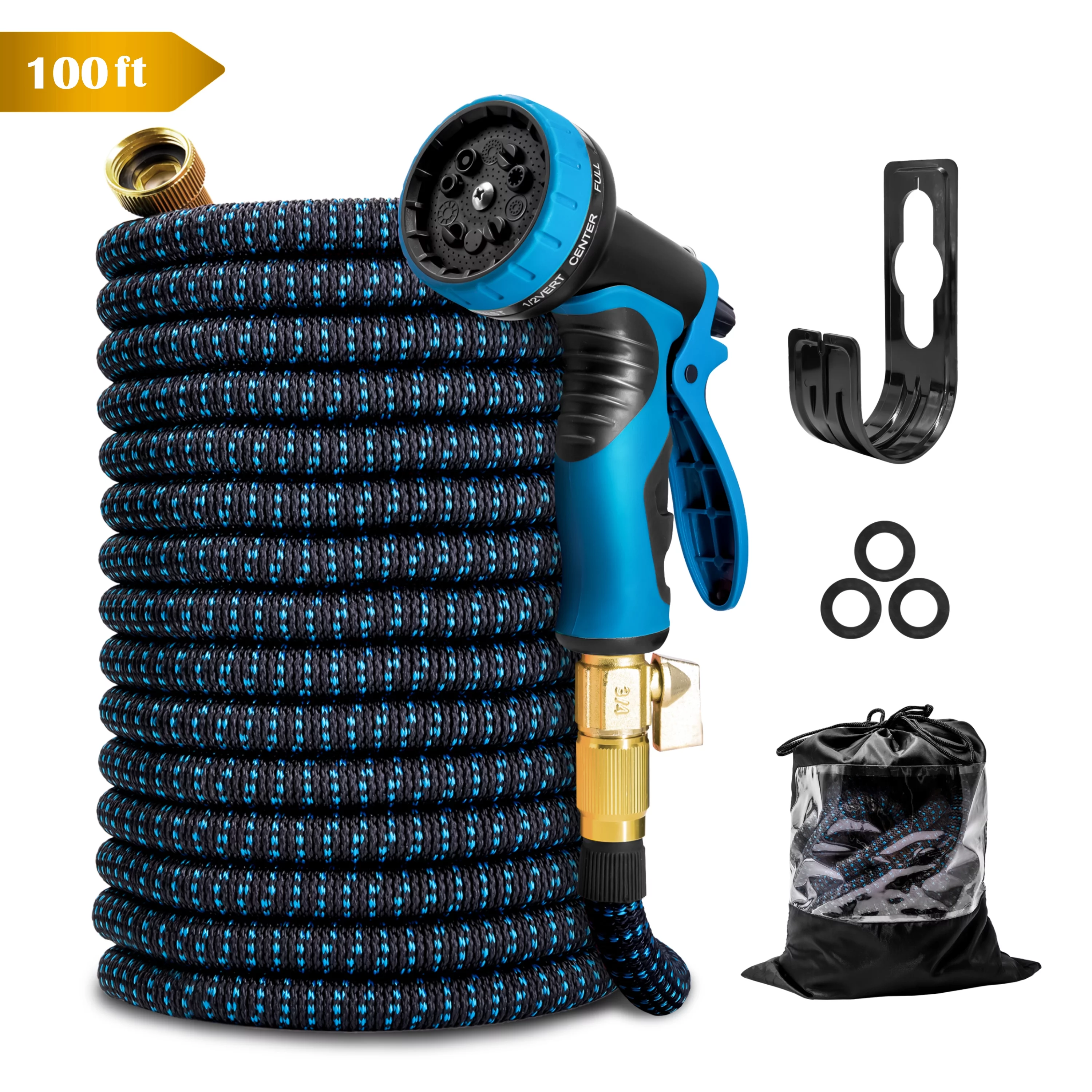 Kotto Expandable Garden Hose, Water Hose for Outside with 10 Spray Nozzles, Hose Holder, Multi-Purpose Anti-Rust Solid Brass Connector, Leak-Proof Design, Blue, 100 ft