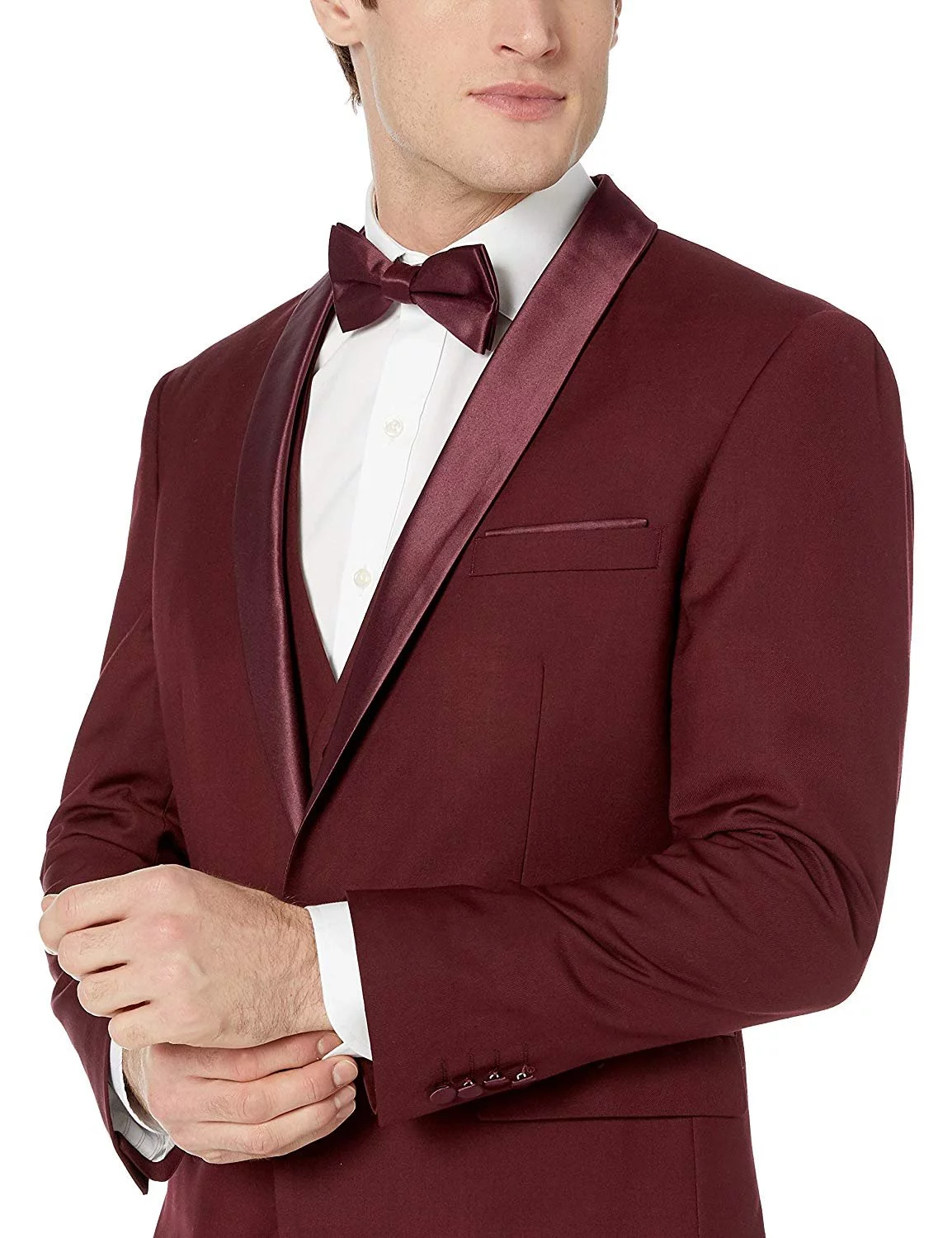 Adam Baker by Statement Men's Single Breasted Three Piece Shawl Collar Tuxedo - Burgundy - 50L