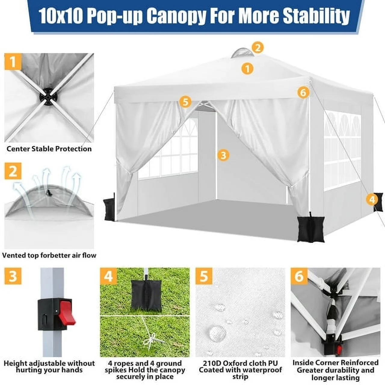10'x10' EZ Pop Up Canopy with Top Vent, Large Commercial Tent, Waterproof and Sunproof with 4 Removable Sidewalls, Suitable for Weddings come with 4 Sandbags (White)