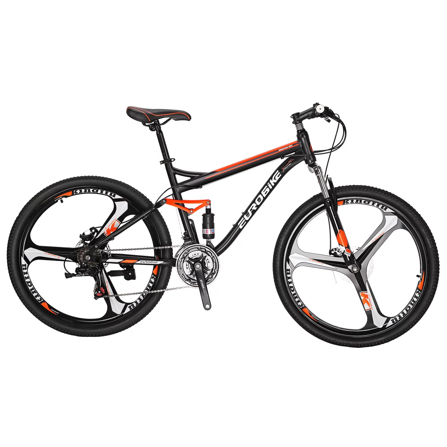Eurobike S7 Mountain Bike Full Suspension Frame 21 Speed Shifter 27.5 Inch Wheels Dual Disc Brakes Bikes for Men Orange