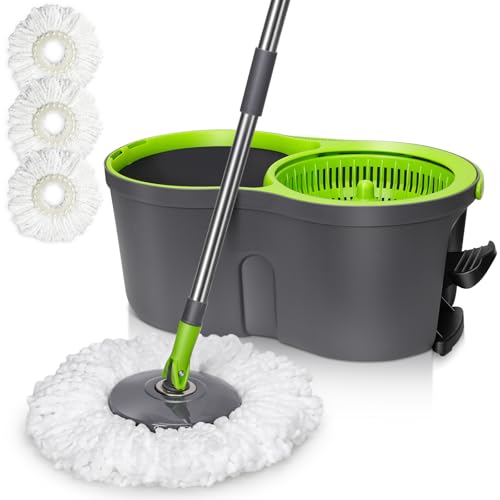 Spin Mop Bucket System,Masthome Pedal Spin Mop and Bucket with Wringer Set,EasyWring Microfiber Mop with 3 Mop Pads,360°Spinning Floor Cleaning System - Home & Office Suitable