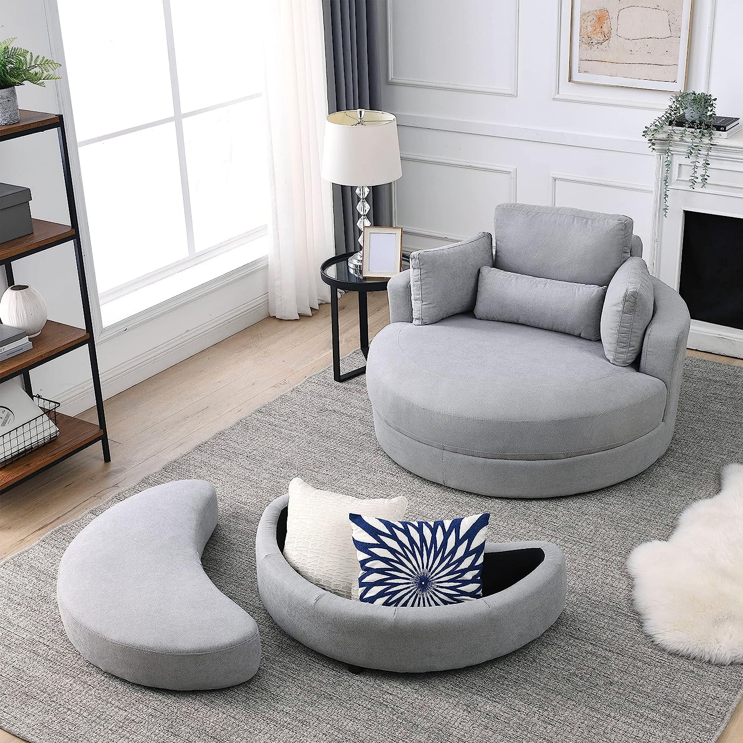 Gxcevsou 51''W Oversized Swivel Chair with Moon Storage Ottoman, Modern Accent Round Loveseat Circle Barrel Chairs Bedroom Cuddle Sofa Lounger Armchair, 4 Pillows, Linen Fabric, Light Gray