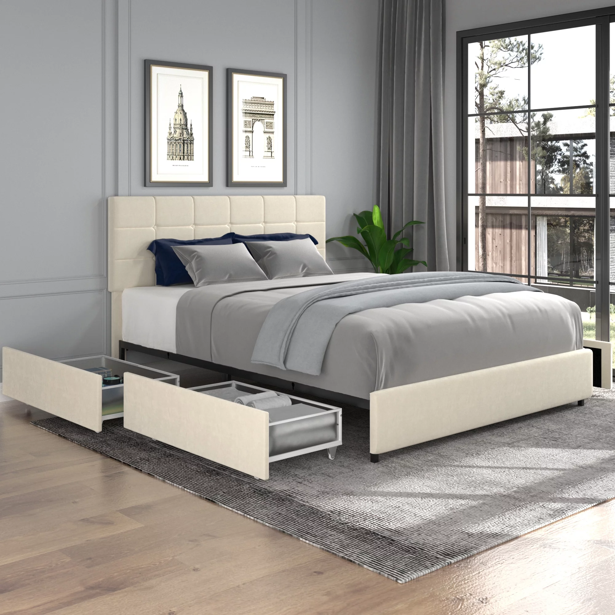 Momspeace Queen Size Bed with Headboard and 4 Drawers Storage, Velvet Upholstered Platform Bed, Ivory