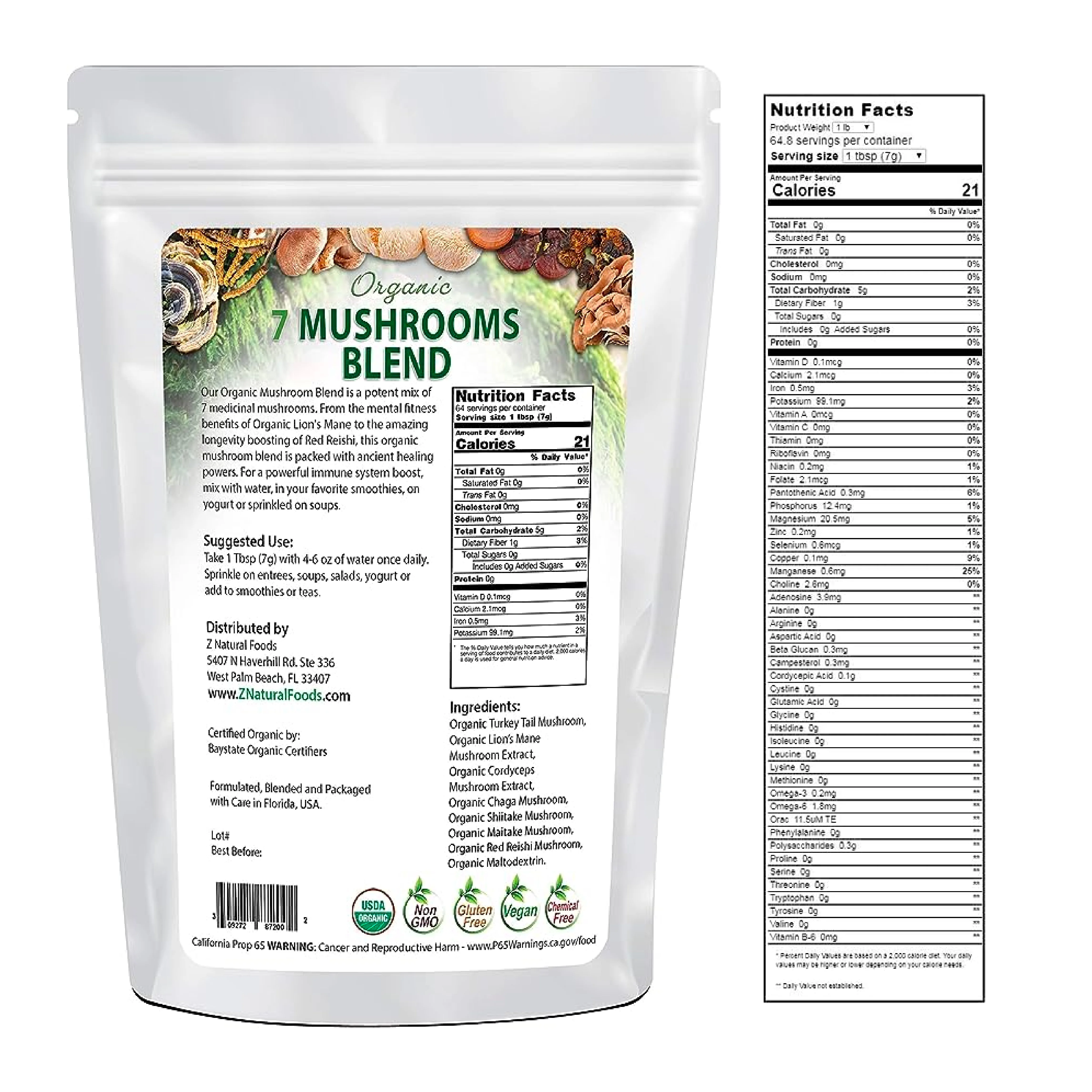 Z Natural Foods Organic 7 Mushroom Supplement with Lion’s Mane, Cordyceps, Chaga, Red Reishi, Shiitake, Maitake and Turkey Tail Mushrooms, Non-GMO Mushroom Supplement, 1 lb