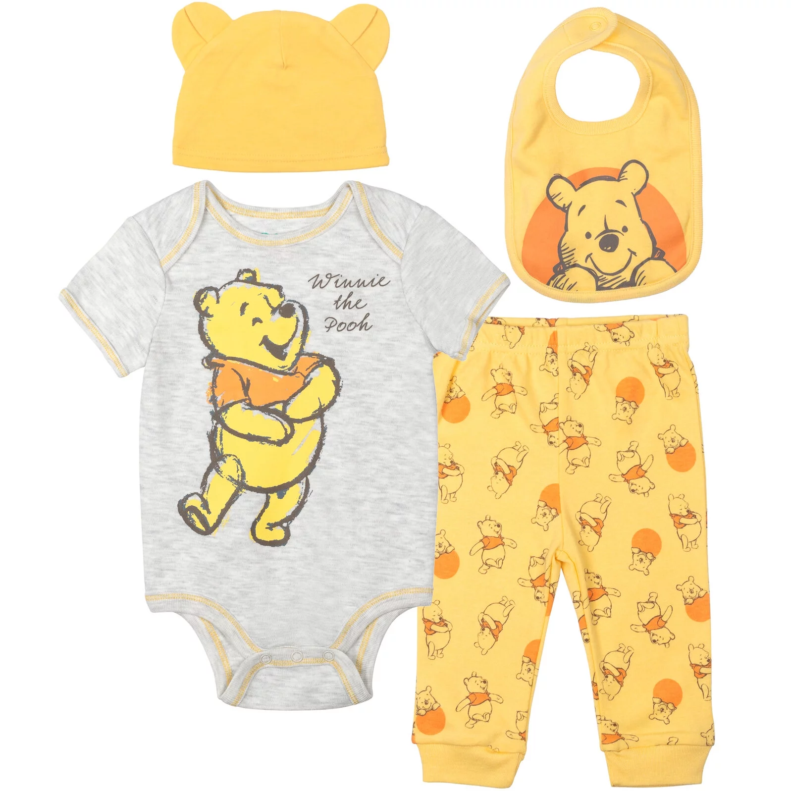 Disney Winnie the Pooh Newborn Baby Boys Bodysuit Pants Bib and Hat 4 Piece Outfit Set Newborn to Infant