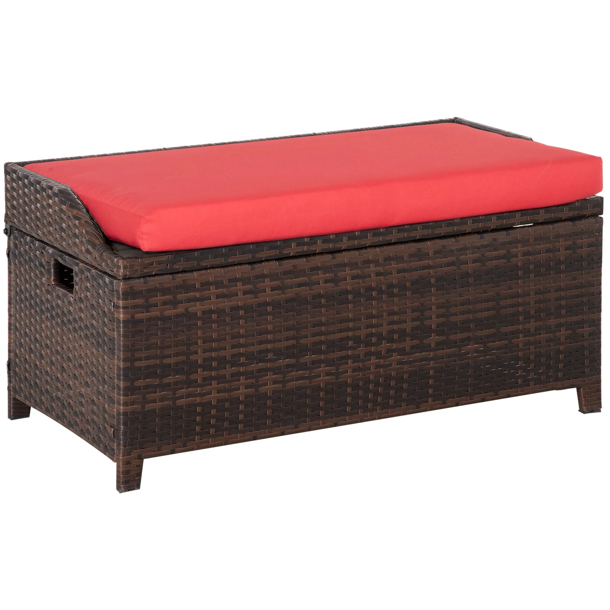 Outsunny Outdoor Wicker Storage Bench Deck Box, PE Rattan Patio Furniture Pool Storage Bin Container with Interior Waterproof Cloth Bag and Comfortable Cushion, Red