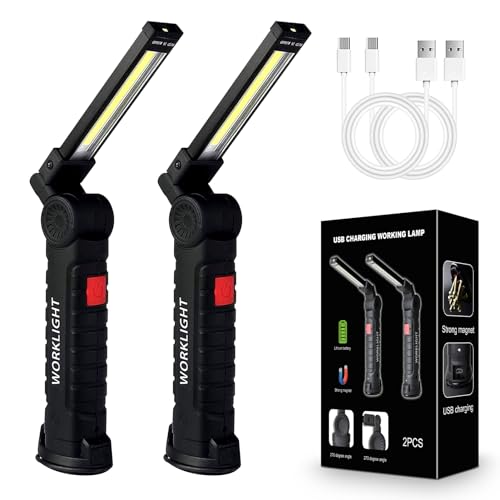 2Pack LED Work Lights, USB Rechargeable COB Light with Magnetic Base 360°Rotate and 5 Modes, Folding Flashlight Inspection Mechanic Light for Car Repairing, Workshop, Household and Emergency Use,Large