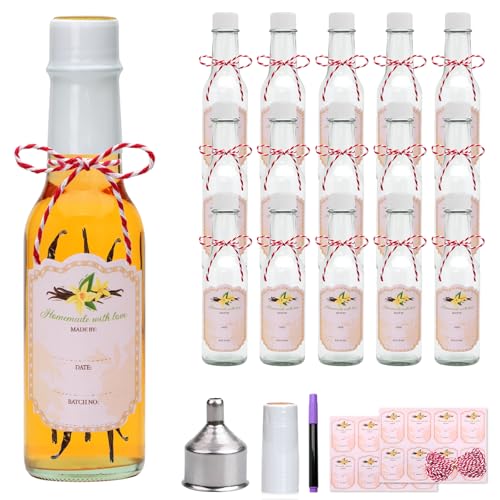 Encheng 5oz Clear Woozy Bottles with Shrink Capsules,Small Wine Bottles With Shirnk Bands Glass Hot Sauce Bottles,Empty Small Beverage/Canning Bottles With Black Caps Case of 35