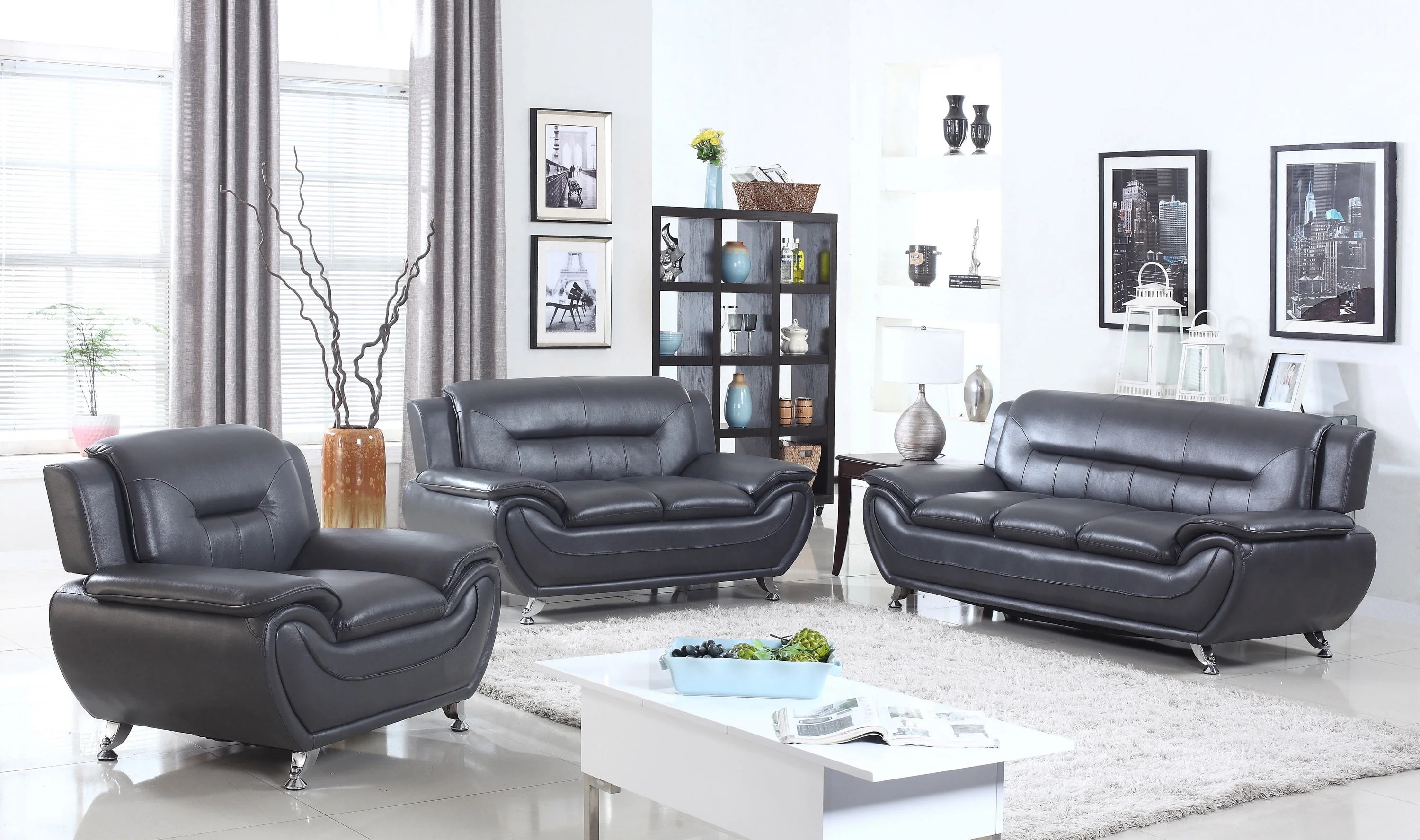 Norton 3 pc Black Faux Leather Modern Living Room Sofa set
