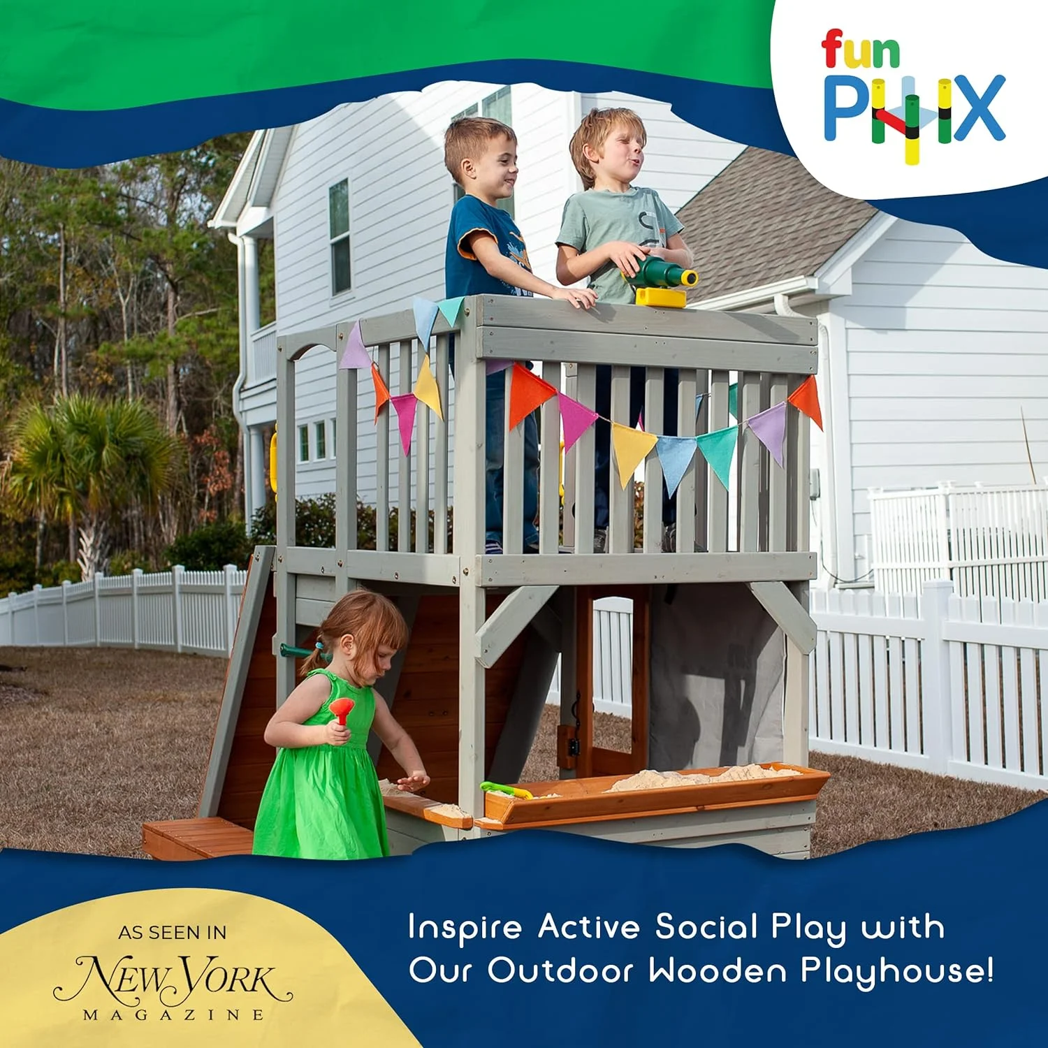 Large Playhouse for Kids Outdoor - Funphix Wooden Playhouse with Sandbox, Bench, Play Telescope, Ladder, Climbing Ramp & Doors - Durable 2 Levels Lookout Post Outdoor Playset for Backyard