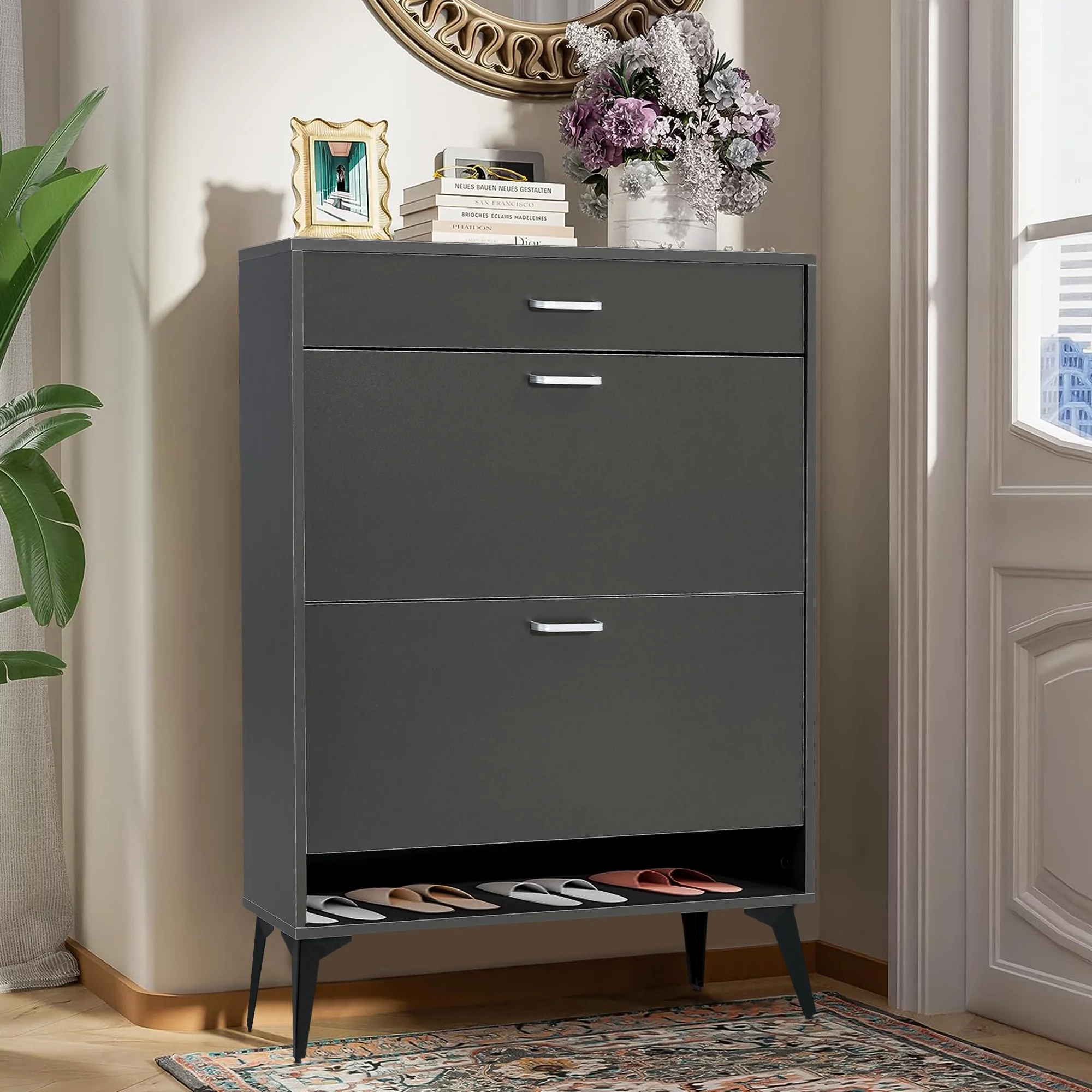 Sesslife Shoe Cabinet with 2 Flip Drawers, Modern 20 Pair Shoe Rack Organizer, Freestanding Tipping Bucket Shoe Storage Cabinet for Entryway, Gray