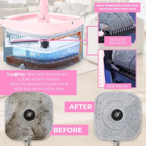 TRUE & TIDY Square Spin Mop & Bucket System – Dual Chamber for Clean & Dirty Water, 360° Rotating Self-Wringing Mop with Built-in Scrub Brush, Stainless Steel Handle & 2 Reusable Microfiber Mop Pads