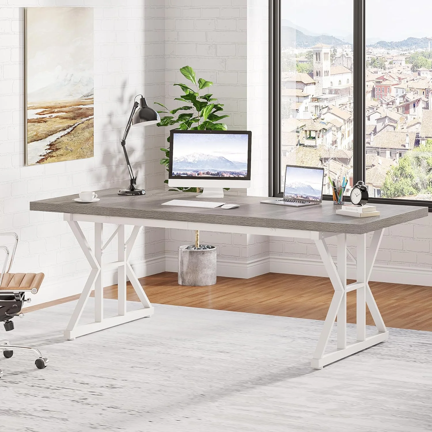 Tribesigns 71 Inch Executive Desk, Large Computer Office Desk, Modern Study Writing Table for Home Office (Grey/White)