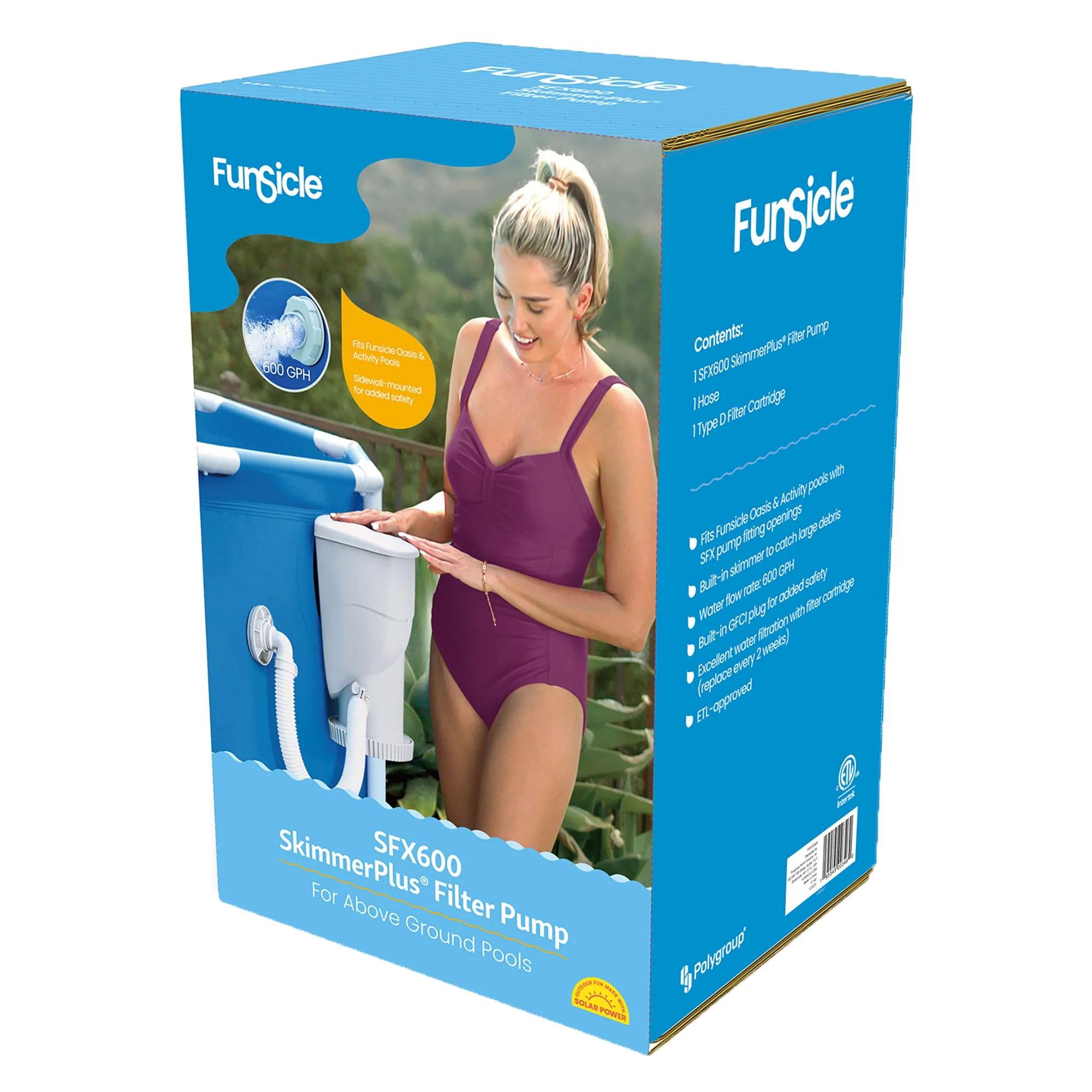 Funsicle: SFX600 SkimmerPlus Filter Pump - For Above Ground Swimming Pools, Type D Filter Cartridge, 600 GPH, Skimmer Basket Removes Debris, Accessory