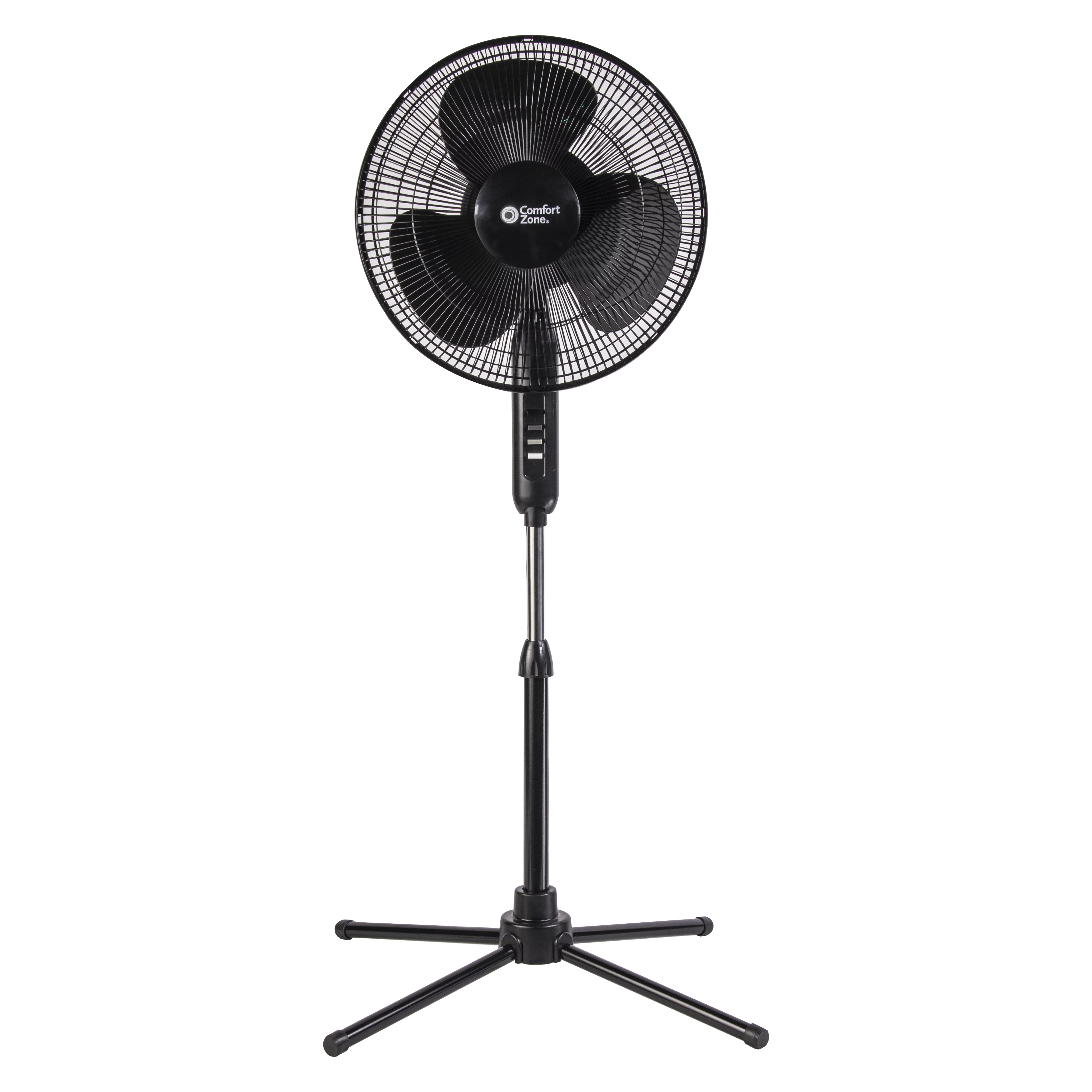 Comfort Zone 16” Oscillating Pedestal Fan, 3-speed Options, 90-Degree Oscillating Head, Adjustable Height and Tilt, Powerful Air Flow, Black