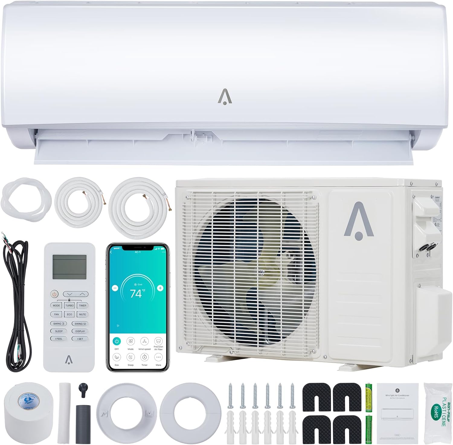 Litake 18,000 BTU Split Air Conditioner, Split AC/Heating System 19 SEER Split-System Air Conditioner Inverter, Cooling up to 1250 Sq.Ft, Wall Mount Ductless Mini Split A/C, Full Installation Kit
