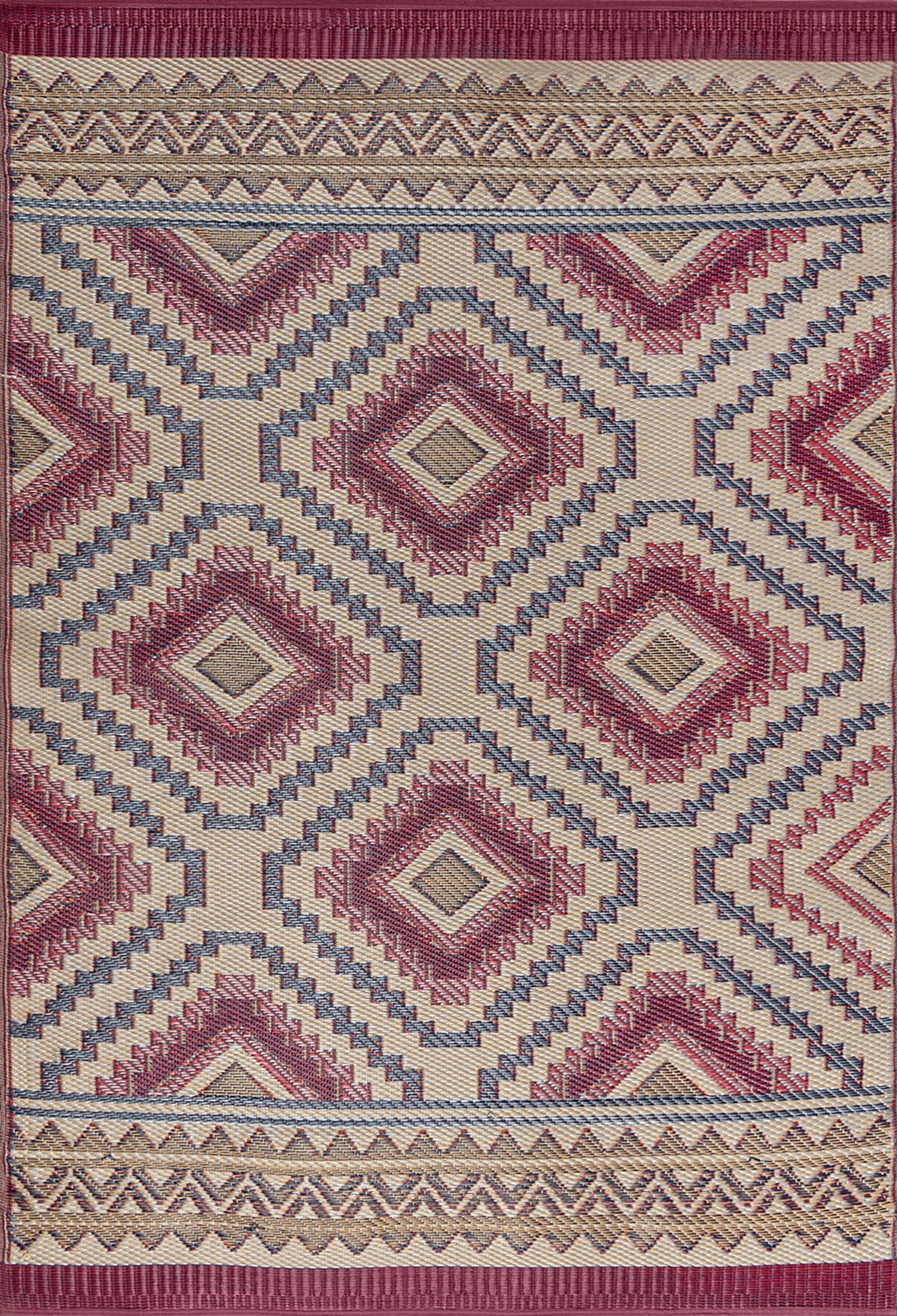 6x9 Waterproof, Reversible Plastic Straw Outdoor Rugs for Patios | Also for Camping, RV, Deck, Porch, Balcony, Camp, Patio | Burgundy, Geometric | Size: 5'11'' x 8'11''