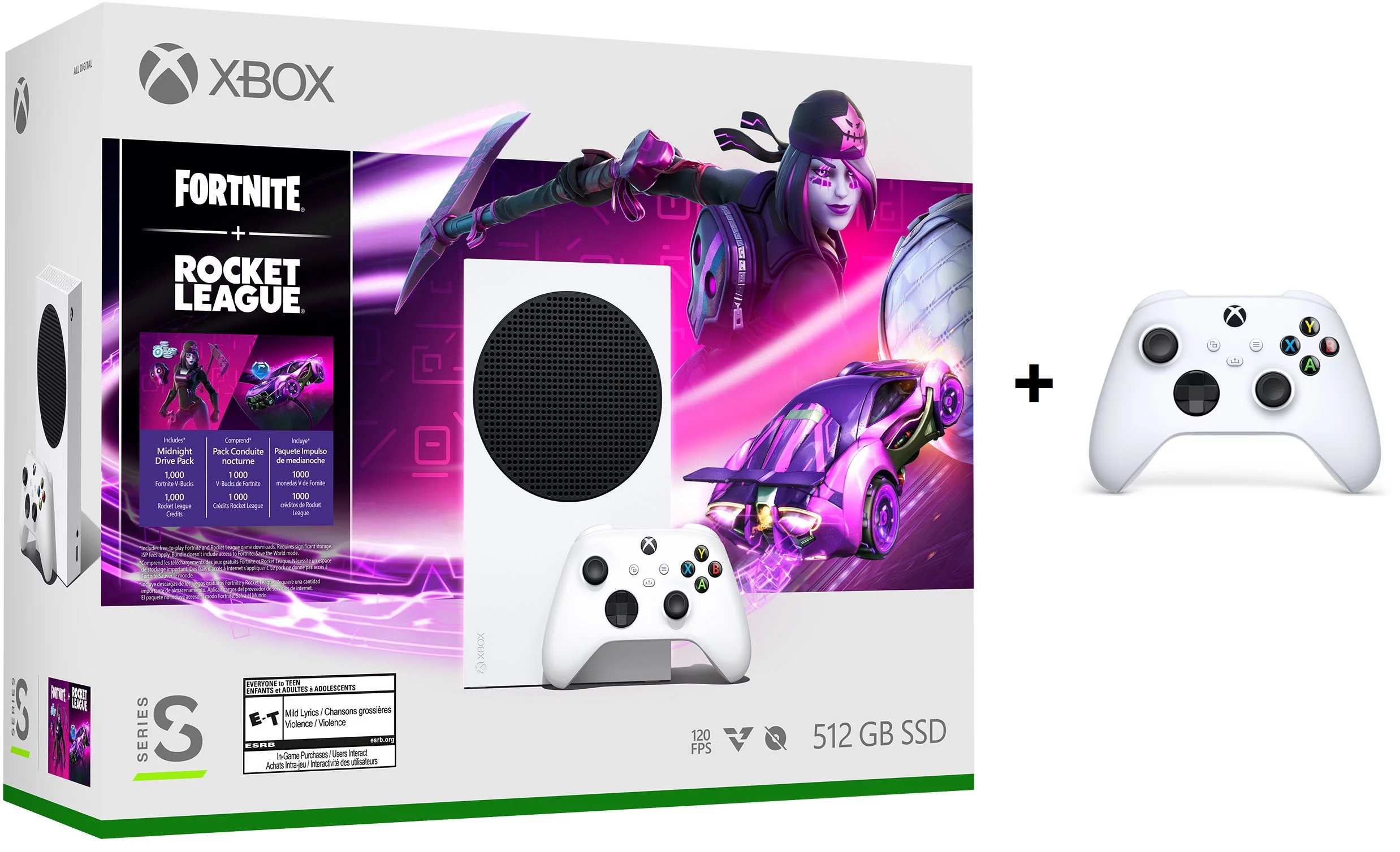 New Microsoft Xbox -Series- -S – Fortnite & Rocket League Bundle (Disc-free) - White with One Extra White Controller