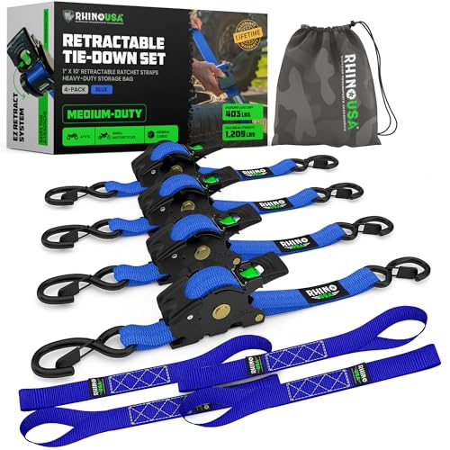 Rhino USA Retractable Ratchet Straps (4-Pack) - 1 Inch x 10 Feet (1,209lb Break Strength) - Heavy Duty Auto Self Retracting Tie Down Straps for Truck, Cargo Trailer, Motorcycle, Rad & More - Black
