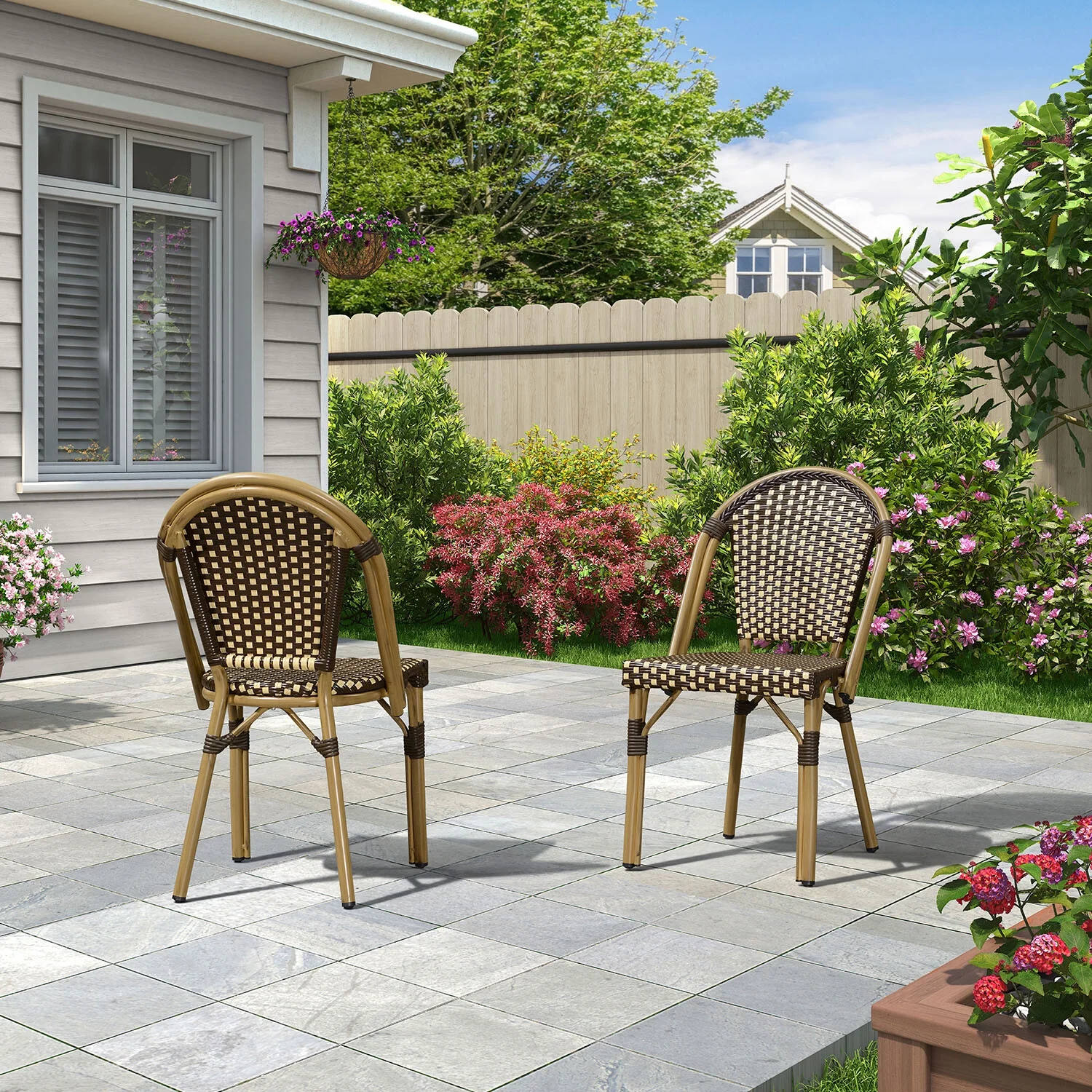 PURPLE LEAF Dining Chair Set of 2 Outdoor Dining Chairs French Hand-Woven Wicker Bamboo Print Finish Armless Chairs for Patio Porch Garden Indoor, Coffee