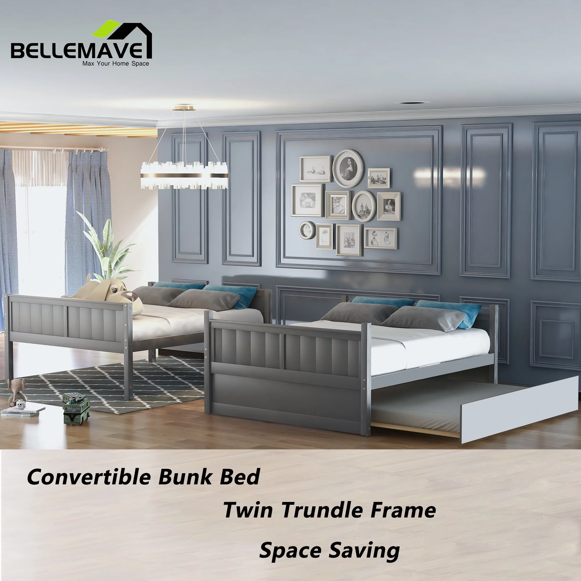 BELLEMAVE Full Over Full Bunk Bed, Wood Bunk Bed Frame with Twin Trundle, Fence Shaped Guardrails, Ladder, Headboard, Convertible into 2 Bed, Full Bunk Bed for Adult, Teens, Kids(Gray)