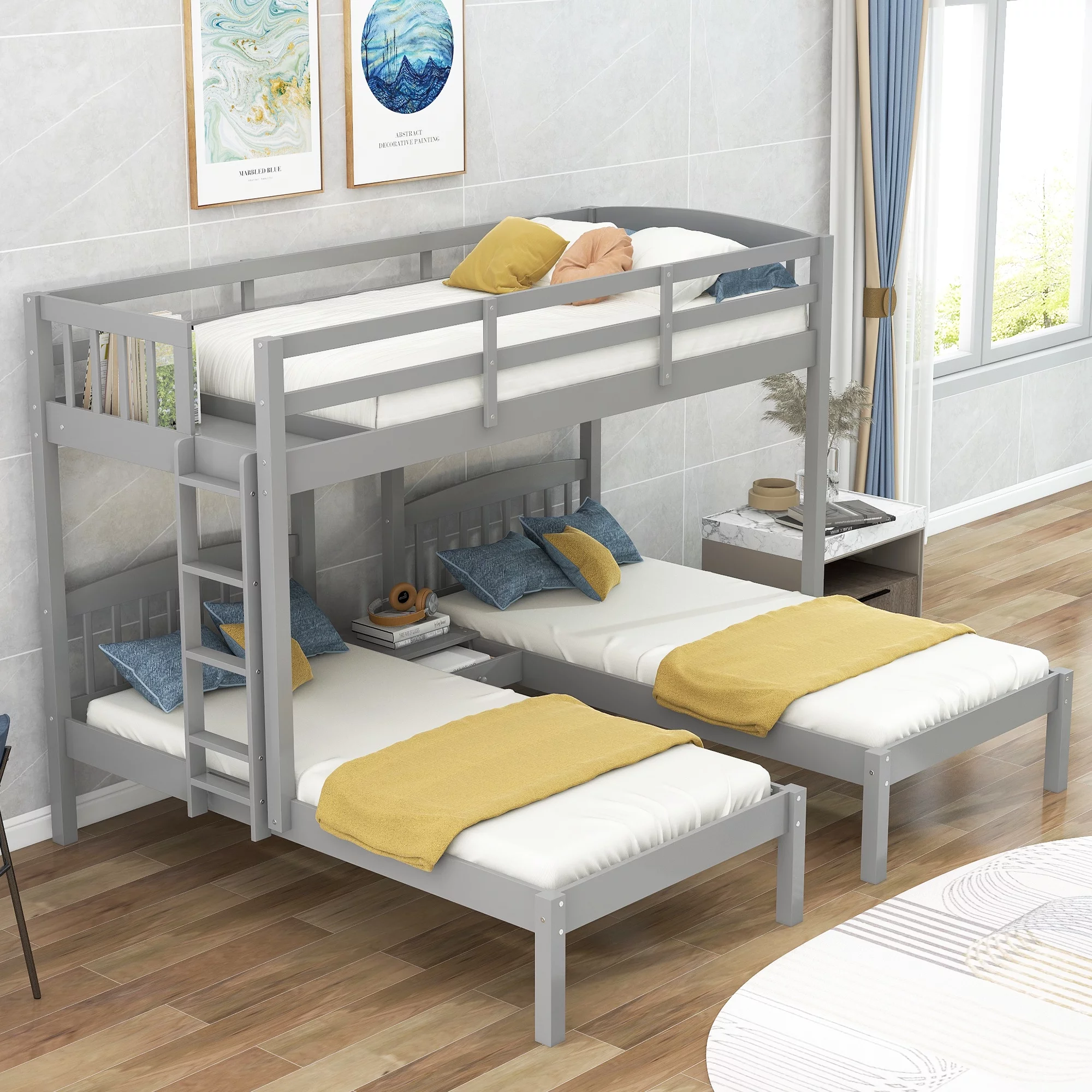Churanty Triple Bunk Beds 3 Twin Solid Wood Bunk Beds with Guardrail and Ladder, Twin Over Twin Bunk Bed with Built-in Middle Drawer for Kids Teens Boys Girls