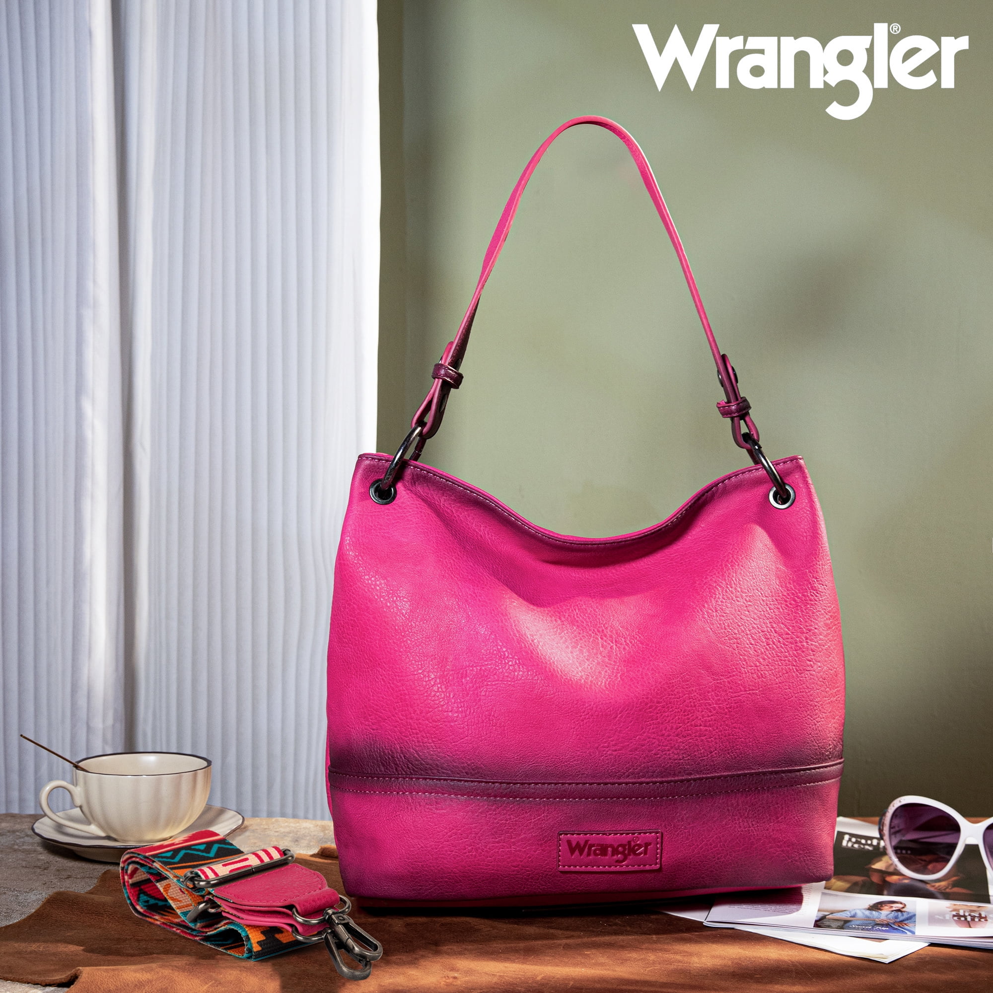 Wrangler Hobo Bags for Women Leather Tote Bag Shoulder Bag Top Handle Satchel Purses and Handbags, With Strap Distressed-Hot Pink