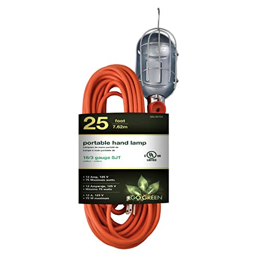 Go Green Power Inc. 25ft Portable Hand Lamp with 16/3 Kink-Free Cord - Durable Construction, Swivel Hook, and Built-in On/Off Switch - Ideal for Construction and Household Projects