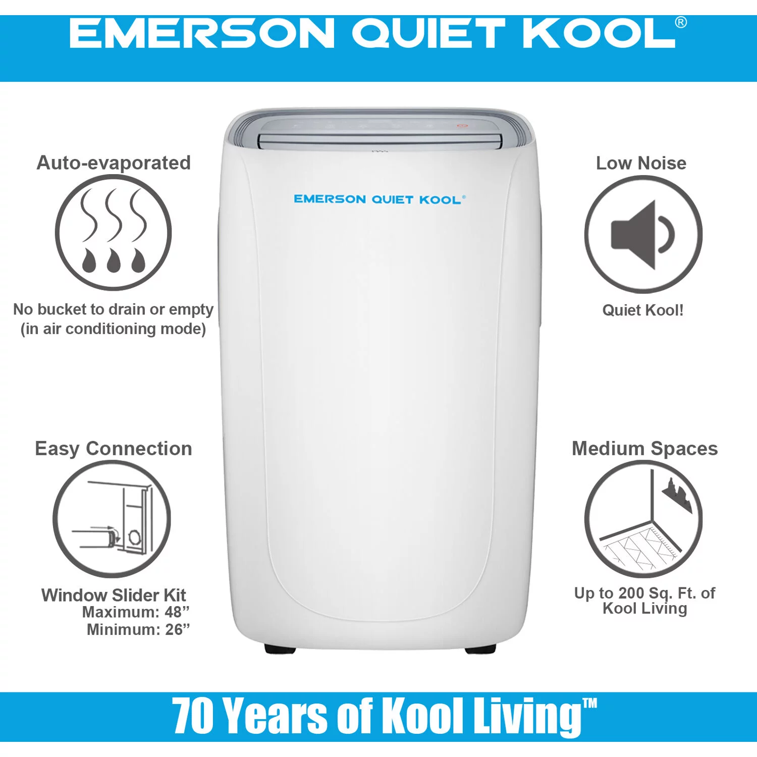 Emerson Quiet Kool 3 in 1 Portable Air Conditioner, Dehumidifier & Fan with Remote Control | for Rooms up to 350 Sq.Ft. | Digital Display | 24H-Timer | White | EAPC6RC1