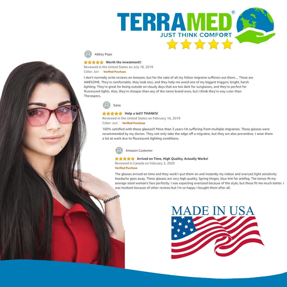 Migraine Glasses for Migraine Relief and Light Sensitivity Relief - Terramed Juri Unisex Migraine Glasses Women or Men | Fl-41 Migraine Glasses for Computers Indoor Reading Photophobia Eye Strain