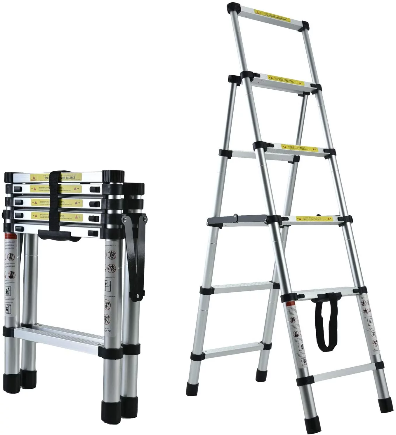 4+5 Step Ladder Aluminum 4.4FT Telescoping Ladder Lightweight Portable A-Frame Ladders with Arm-Design, 330lbs Load Capacity Widen Step Pedal Folding Step Ladder