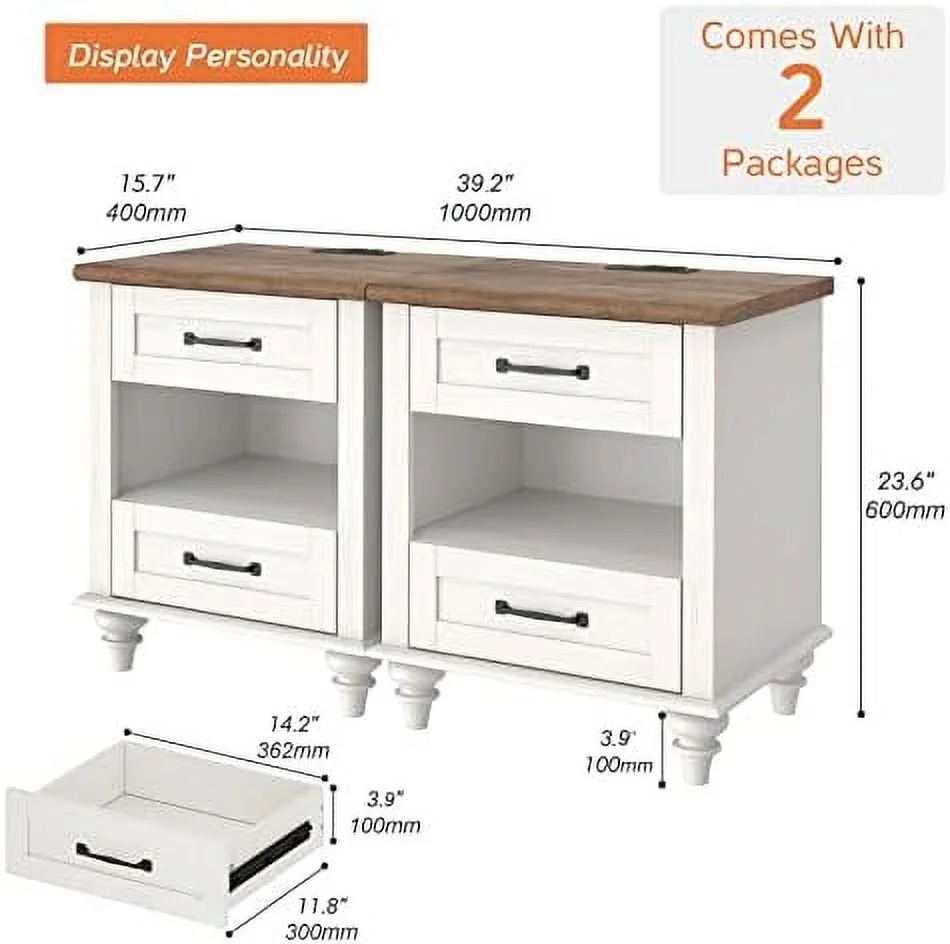 RUNFAYBIU Farmhouse End Tables  Nightstands with Charging Station  Small  for Living Room with 2 Drawers  Retro Night Stand Wood Bedside Table for Bedroom  Oak