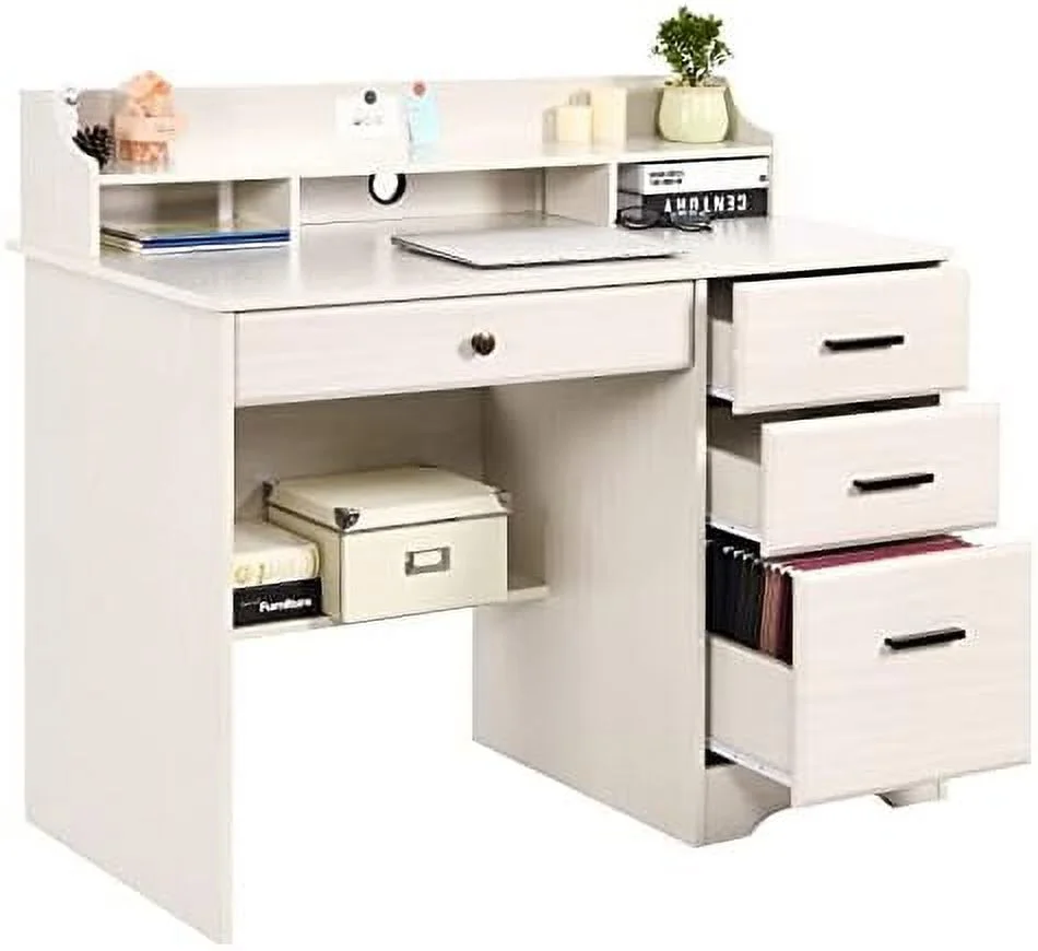 HJZUINIUNIU Computer Desk with 4 Drawers and   Small Office Desk with File Drawers and Hutch  Farmhouse Wood Writing Student Table for Home Office  Bedroom  Rustic Oak