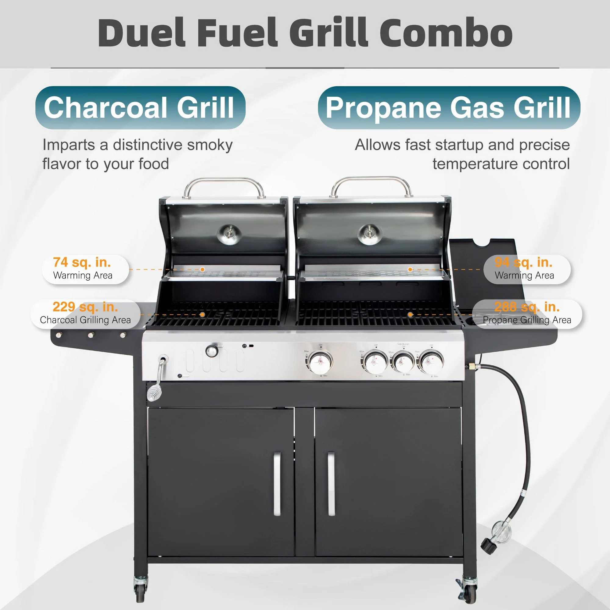 Alpha Joy Dual Fuel Gas and Charcoal Grill Combo with Side Burner