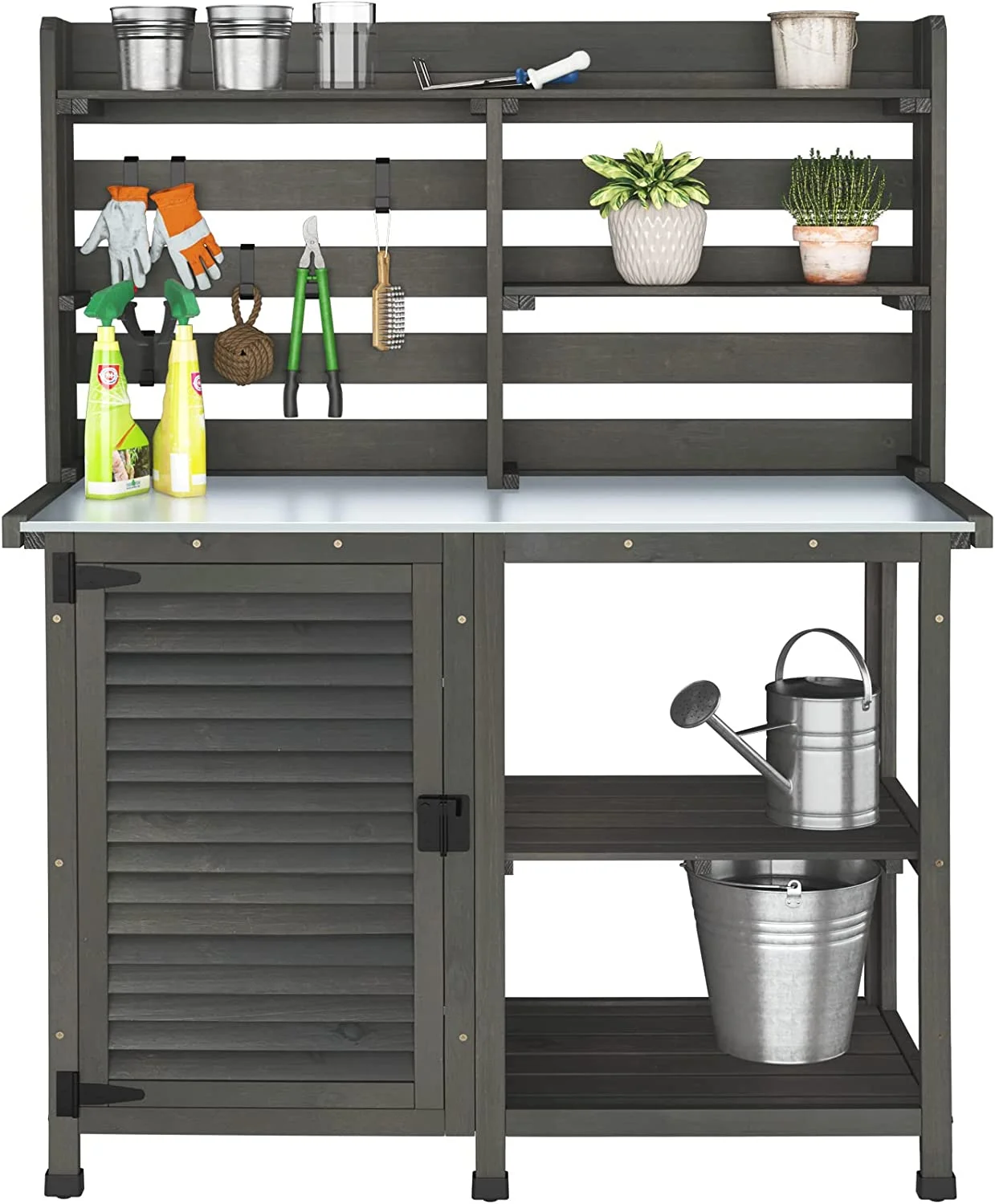 GDLF Potting Bench Table Large Garden Outdoor Metal Tabletop Workstation, Storage Cabinet Shelf