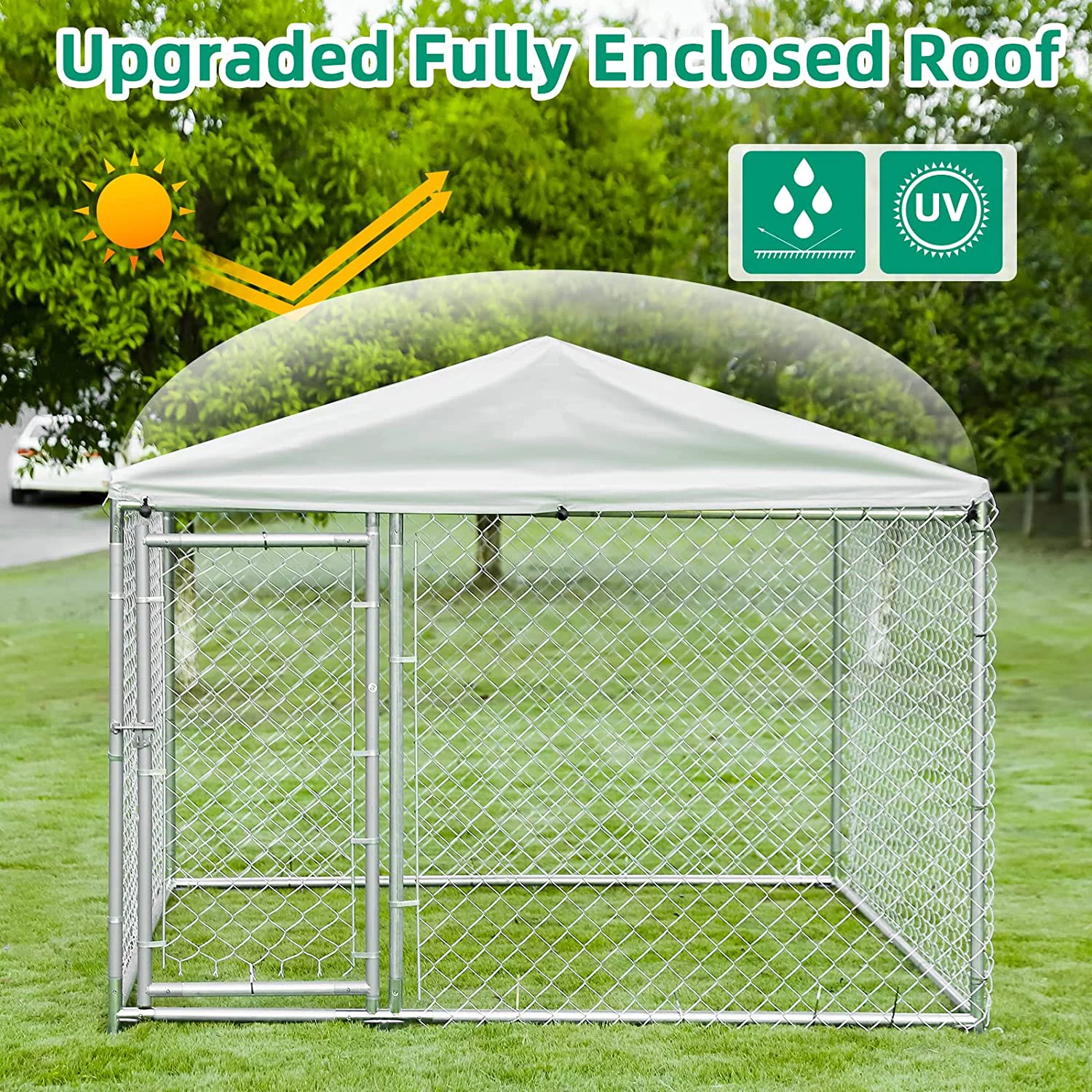VIVIJASON Outdoor Large Dog Kennel Heavy Duty Fence Dog Cage with Galvanized Chain Link, Outside Pen Playpen Dog Run House with UV & Waterproof Cover and Secure Lock for Backyard