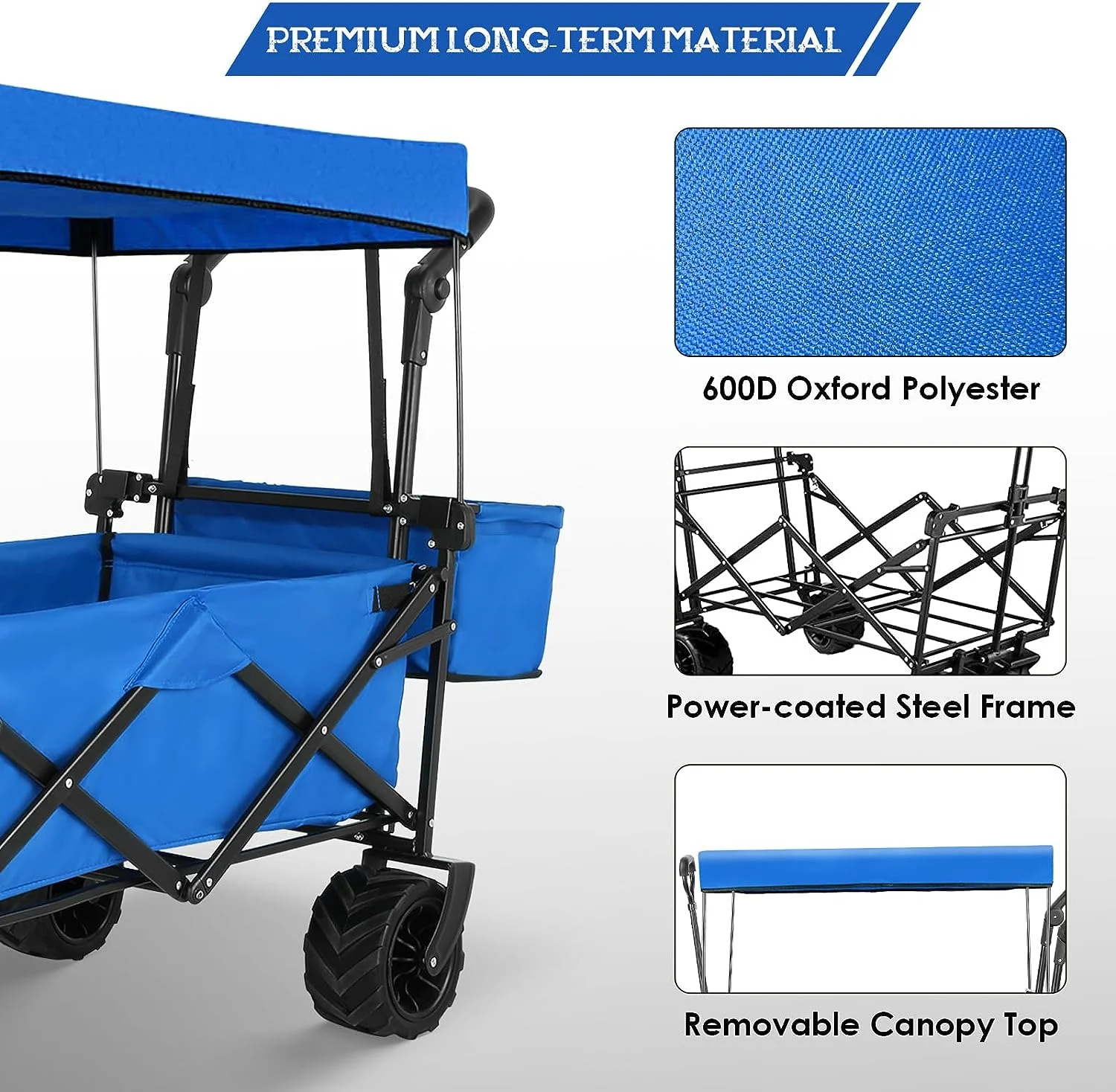 lazyBuddy Heavy Duty Collapsible Utility Wagon With Canopy Beach Cart All-Terrain Wheels Blue
