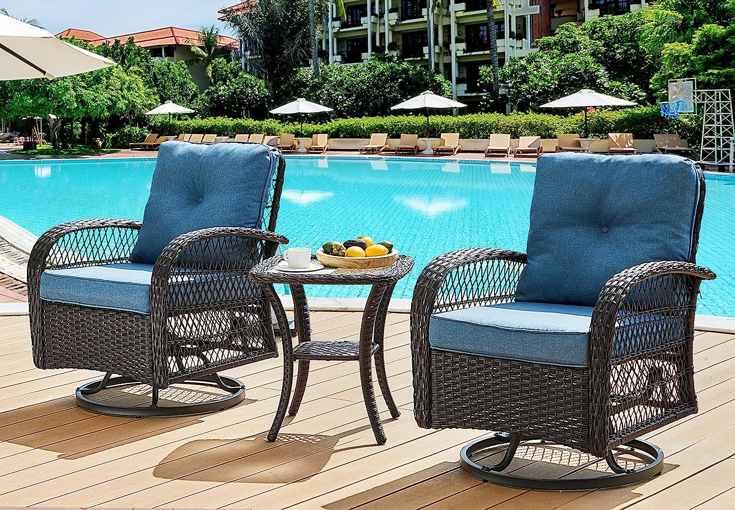 UDPATIO 3 Pieces Patio Furniture Set, Outdoor Swivel Gliders Rocker, Wicker Patio Bistro Set with Rattan Rocking Chair, Glass Top Side Table and Thickened Cushions for Porch Deck Backyard (Navy)