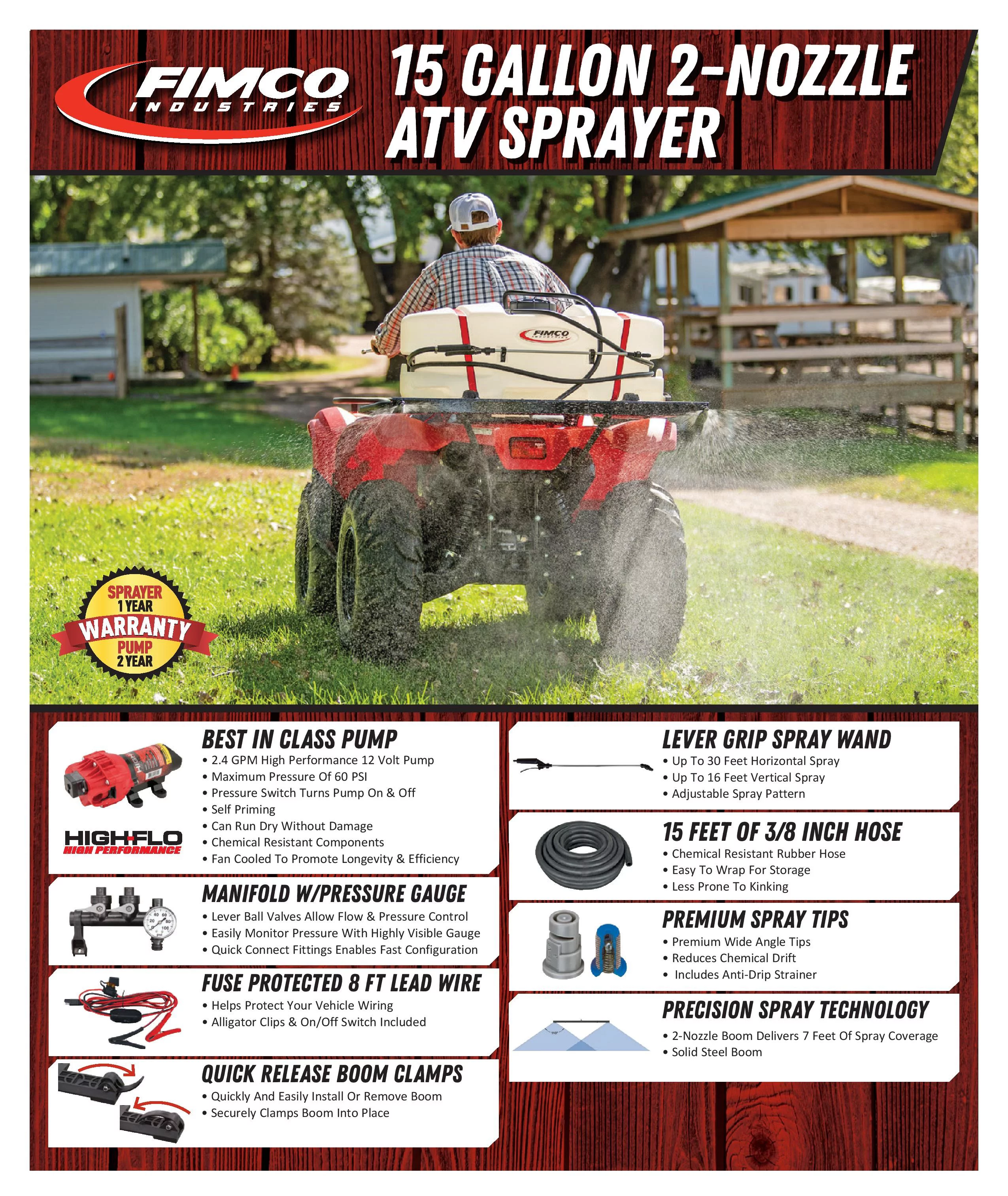 FIMCO 5302318 Lawn & Garden/ATV Sprayer, 15 Gallon Polymer Tank, 2.4GPM High Flo Pump, Boom, Handgun