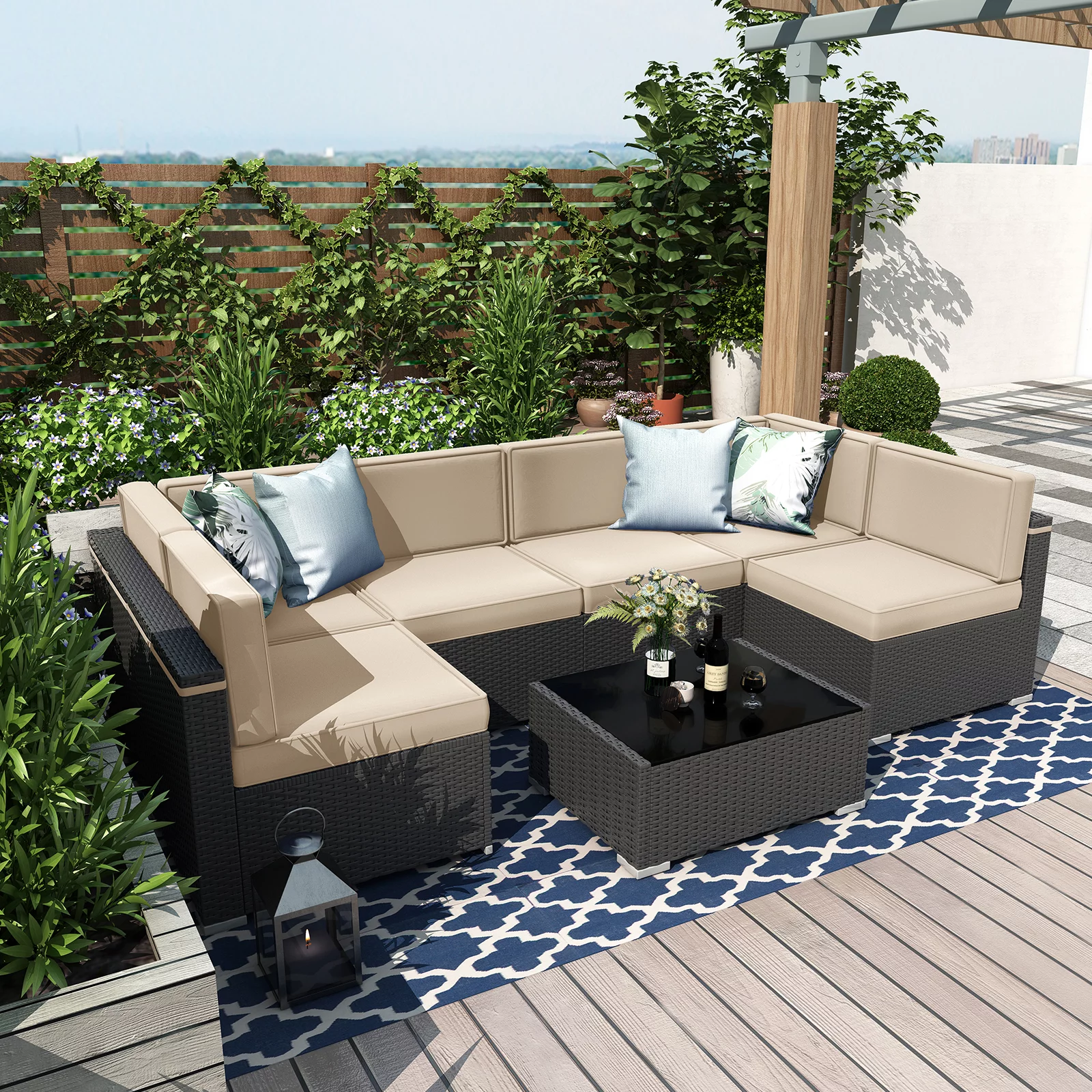 7 Piece Patio Furniture Sets, Outdoor Sectional Patio Conversation Set Wicker Rattan Sofa Chair Set with Cushion and Glass Table