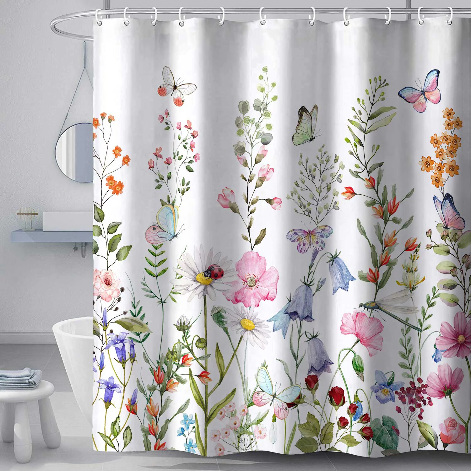 Spring Blossom Floral Shower Curtain, Watercolor Flowers Daisy Cornflower Morning Glory Botanical Butterflies Insect Cute Bathroom Decor Set, Durable Polyester Fabric Shower Curtain Set, 72 x 72