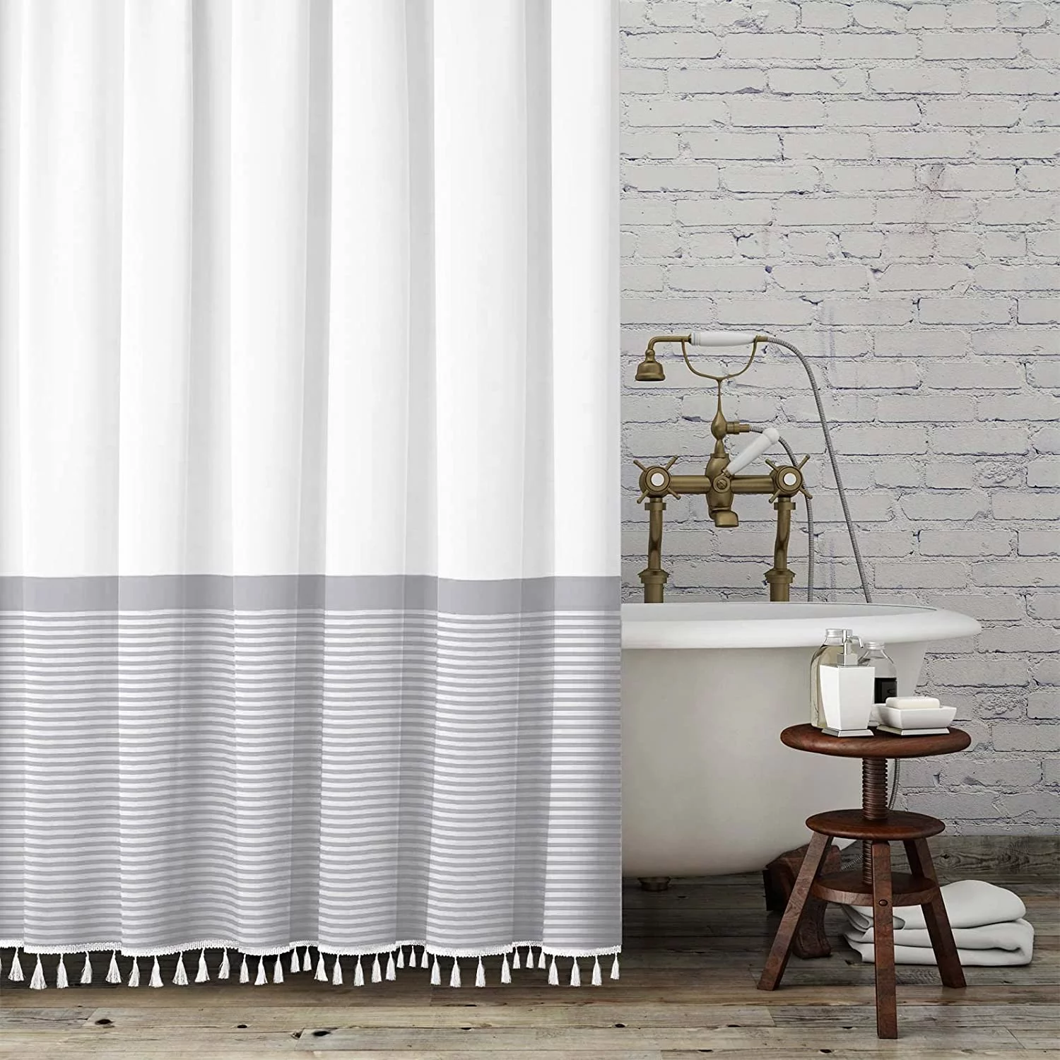 Farmhouse White Shower Curtain with Gray Striped and Tassels Modern Shower Curtain for Bathroom 72
