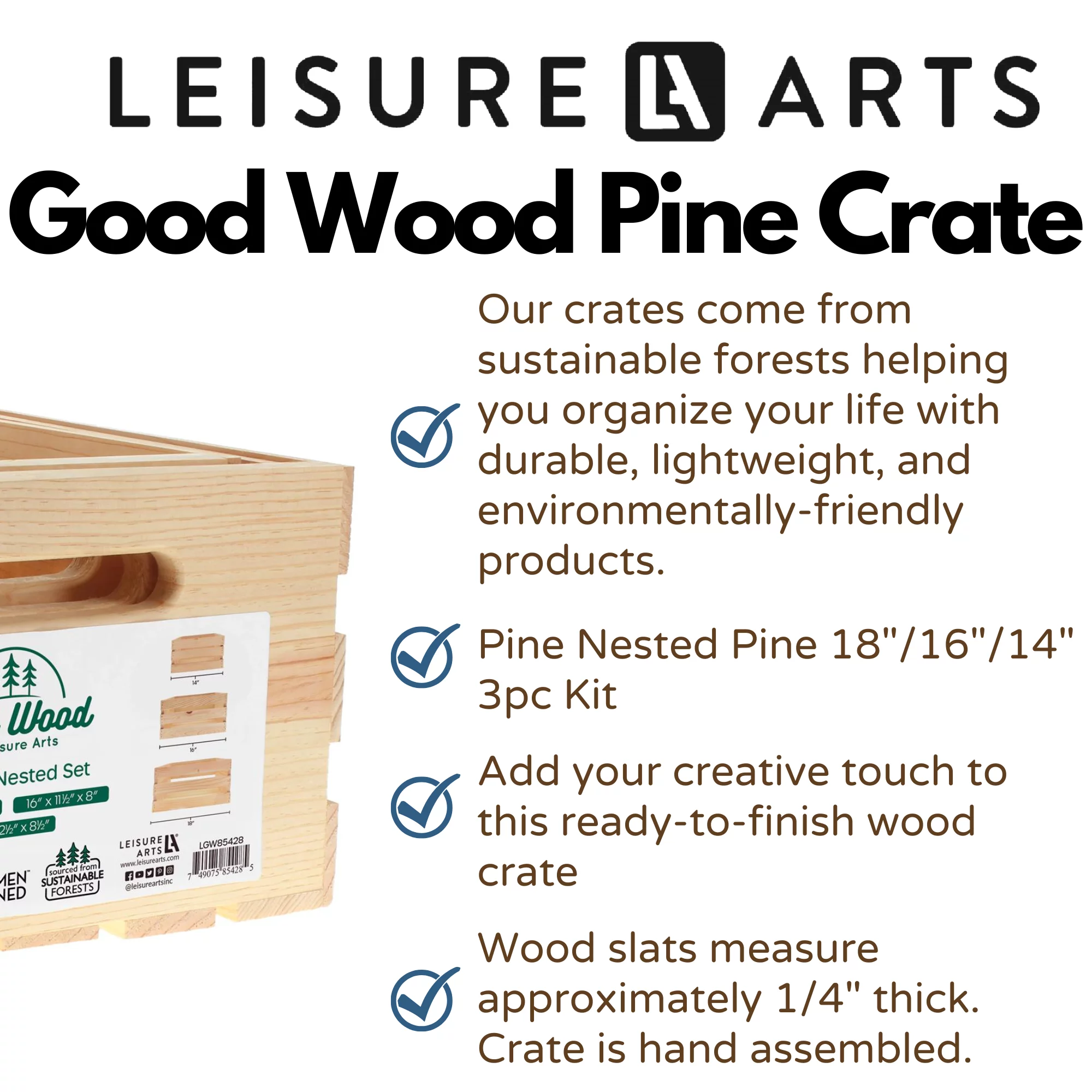 Good Wood by Leisure Arts Wooden Crate, wood crate unfinished,  wood crates for display, wood crates for storage, wooden crates unfinished, Nested, 3 piece, 14