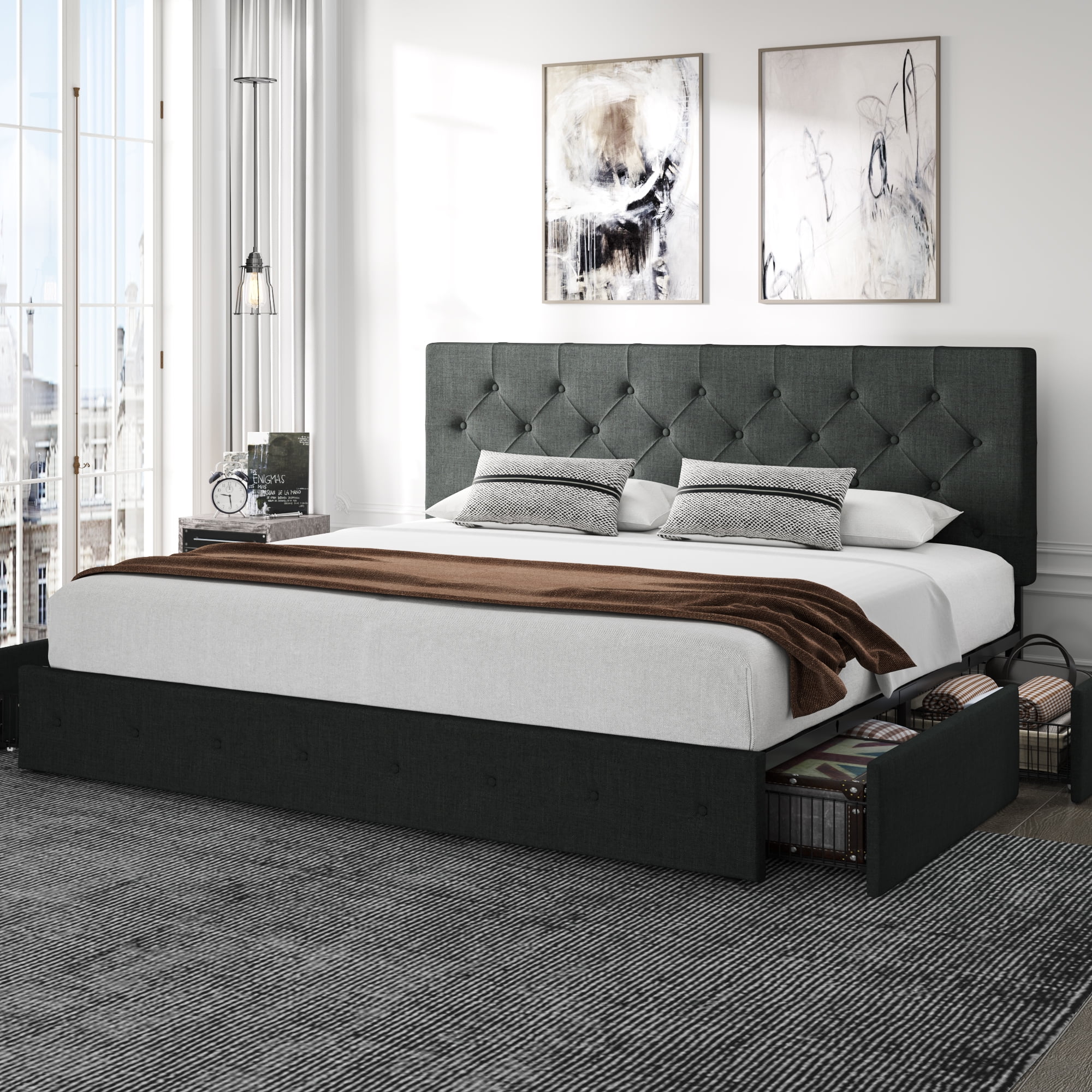 Amolife King Size Platform Bed Frame with Headboard and 4 Drawers, Dark Grey