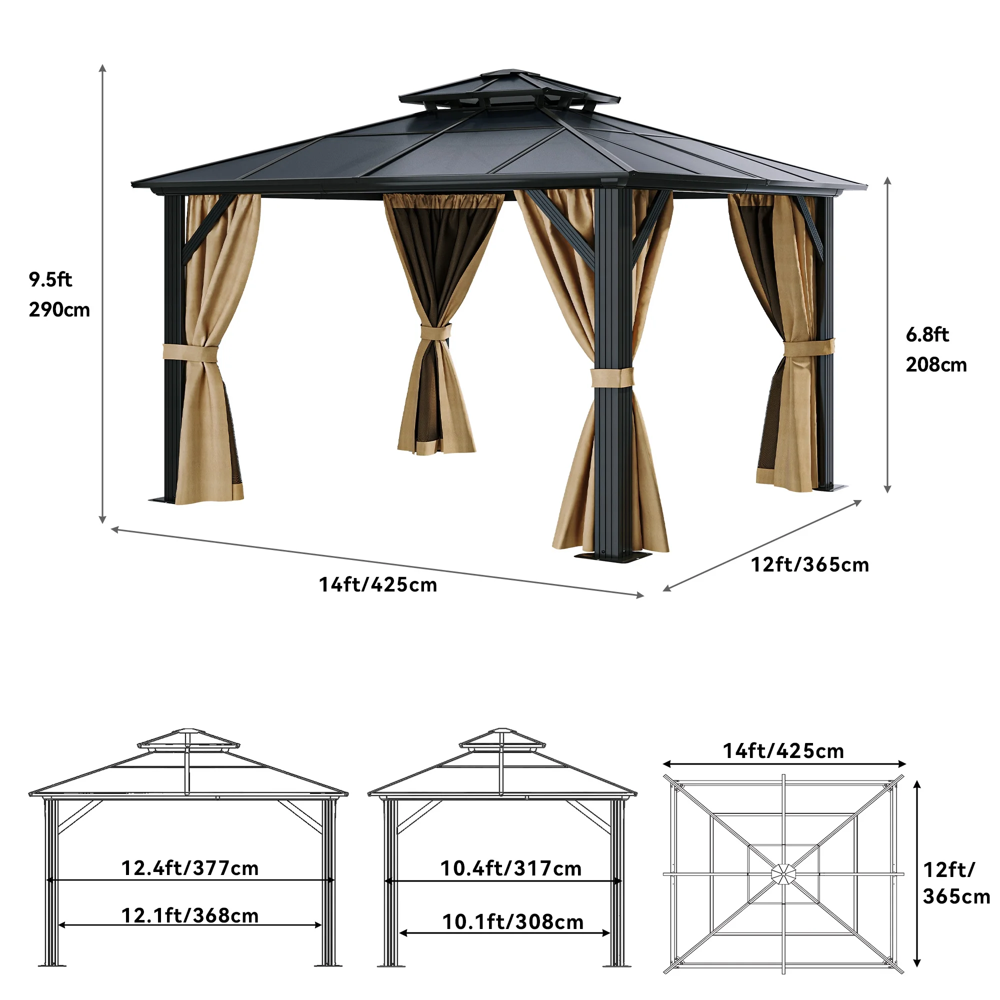 Dextrus 12x14FT Gazebo Hard-Top Double Roof Canopy Outdoor with Netting and Shaded Curtains, Aluminum Frame Hardtop Garden Tent for Patio, Backyard, Deck and Lawns
