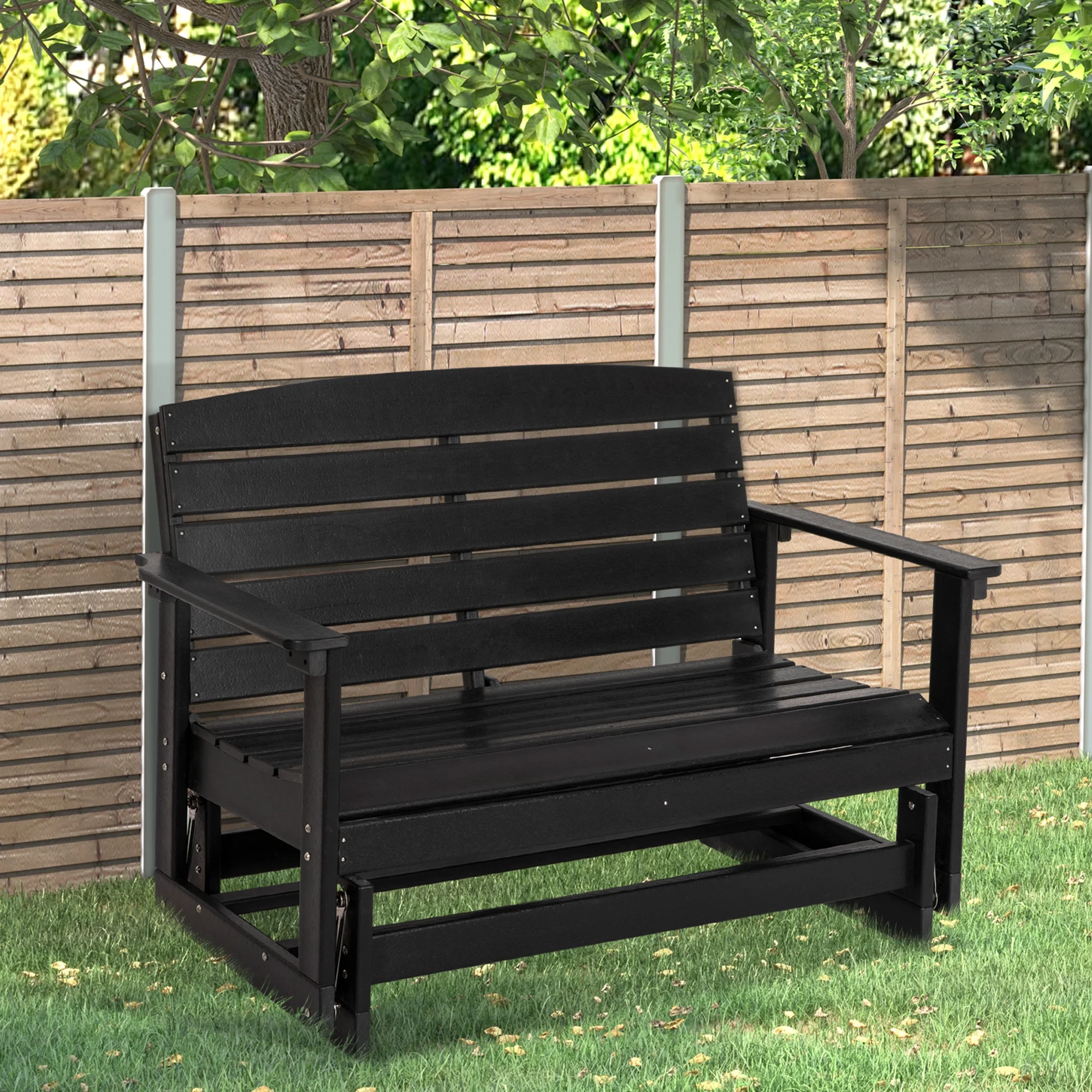 Outsunny Patio Glider Bench w/ HDPE Slatted Double Rocking Chair, Black