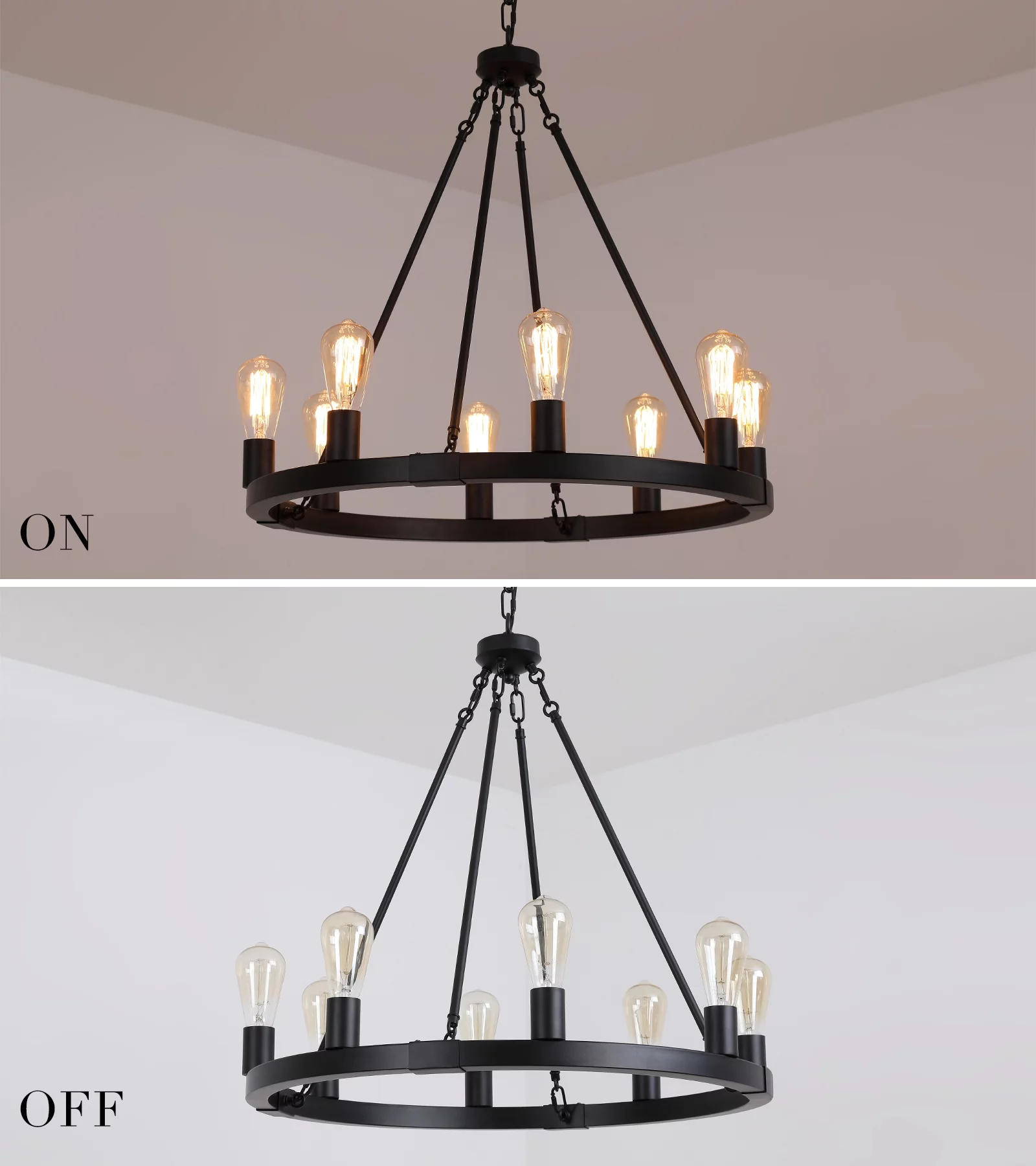 Q&S Farmhouse 8-Lights Black Industrial Wagon Wheel Chandelier Light Fixture for Foyer Dining Room Kitchen Living Room Entryway Dia27 Inches UL Listed